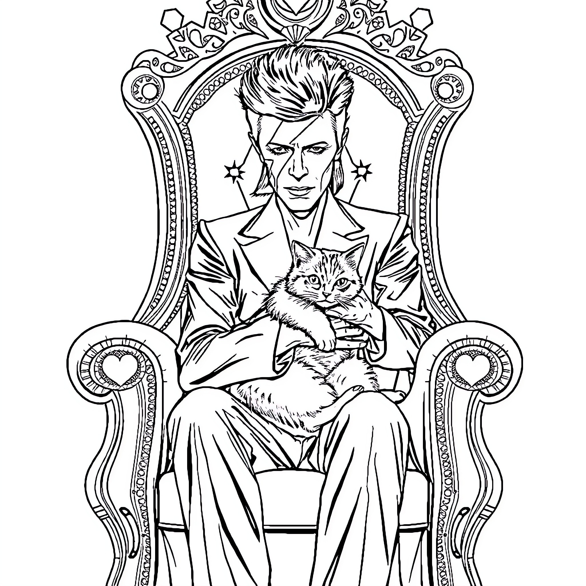 David Bowie Sitting on Ornate Throne with Feline Companion Coloring Page (free black-and-white line drawing printable PDF for all, from beginners to advanced learners, including children, teens, adults, and seniors)