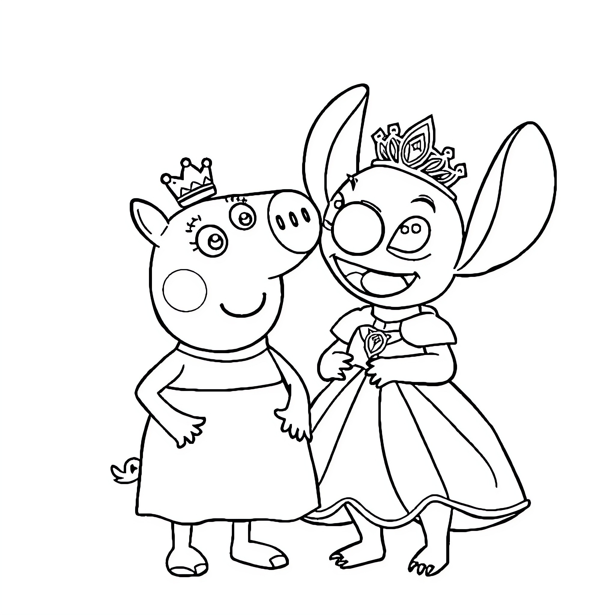 Peppa Pig and Princess Peppa in Royal Attire Coloring Page (free black-and-white line drawing printable PDF for all, from beginners to advanced learners, including children, teens, adults, and seniors)