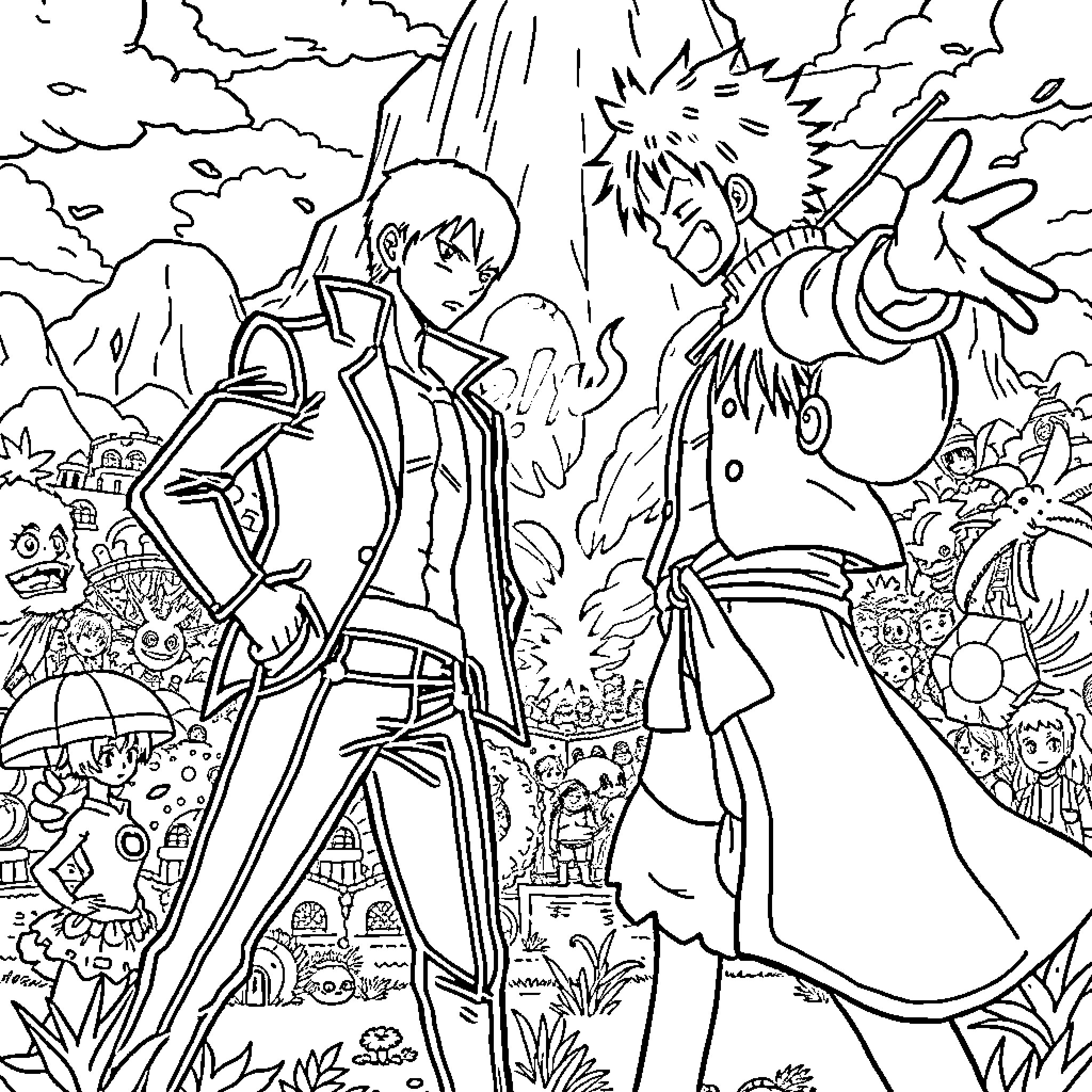 Saitama's Heroic Showdown in the Anime Landscape Coloring Page (free black-and-white line drawing printable PDF for all, from beginners to advanced learners, including children, teens, adults, and seniors)