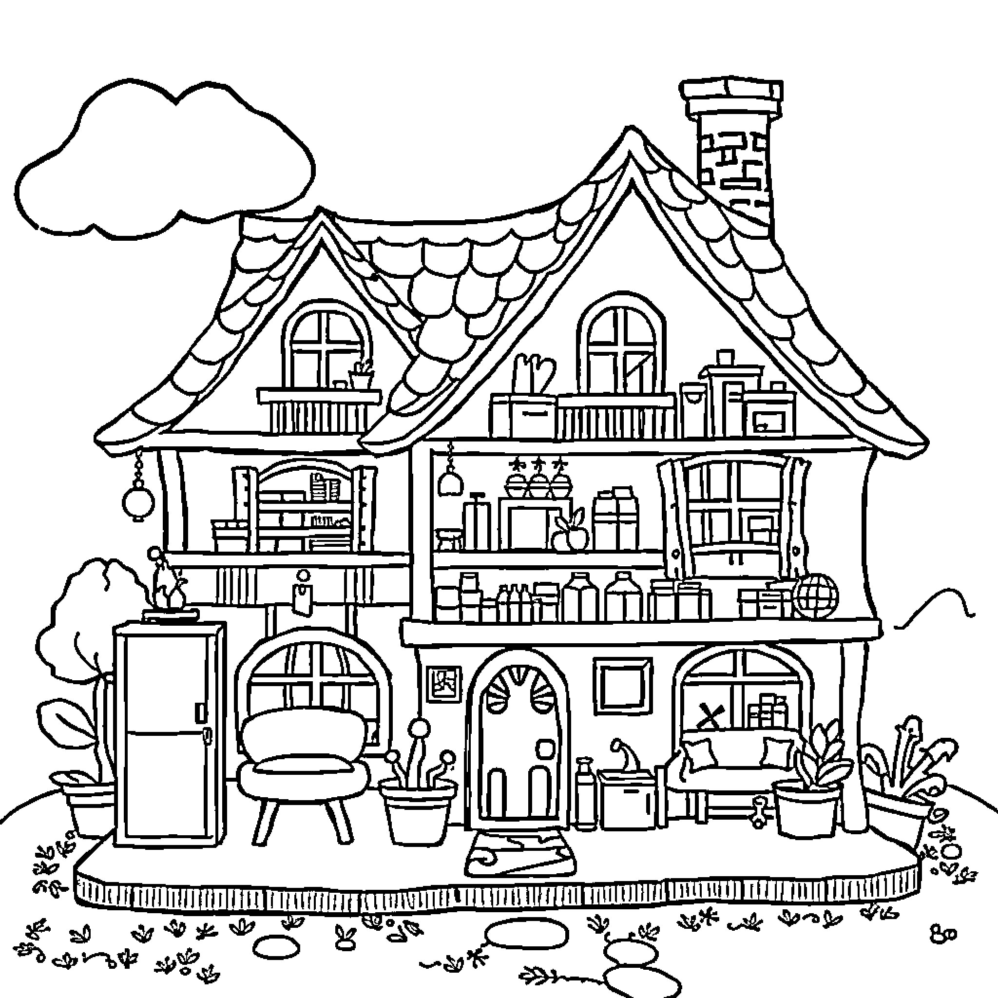 Dollhouse with Detailed Exterior and Interior Furnishings Coloring Page (free black-and-white line drawing printable PDF for all, from beginners to advanced learners, including children, teens, adults, and seniors)