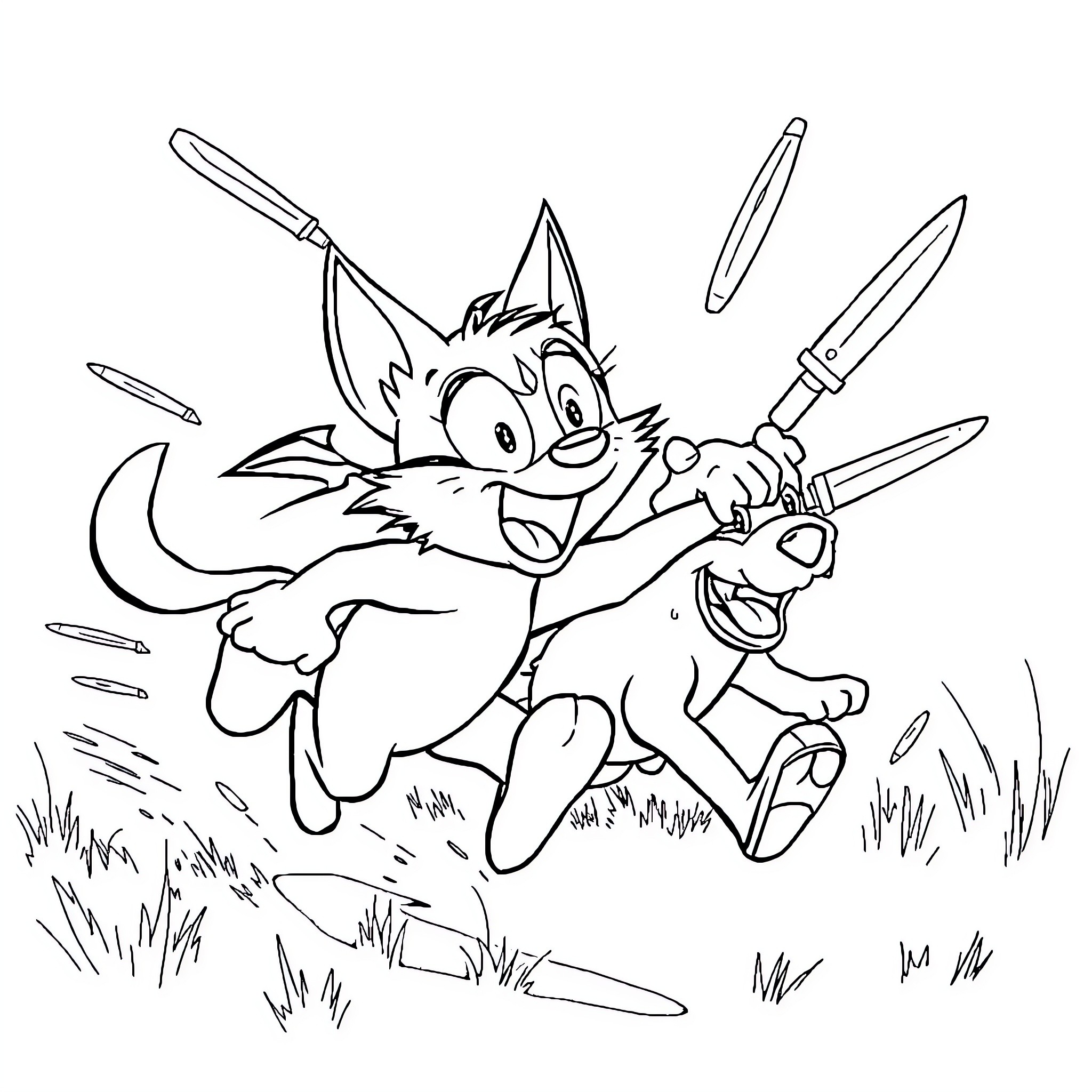 Ananas cat chasing playful sword Coloring Page (free black-and-white line drawing printable PDF for all, from beginners to advanced learners, including children, teens, adults, and seniors)