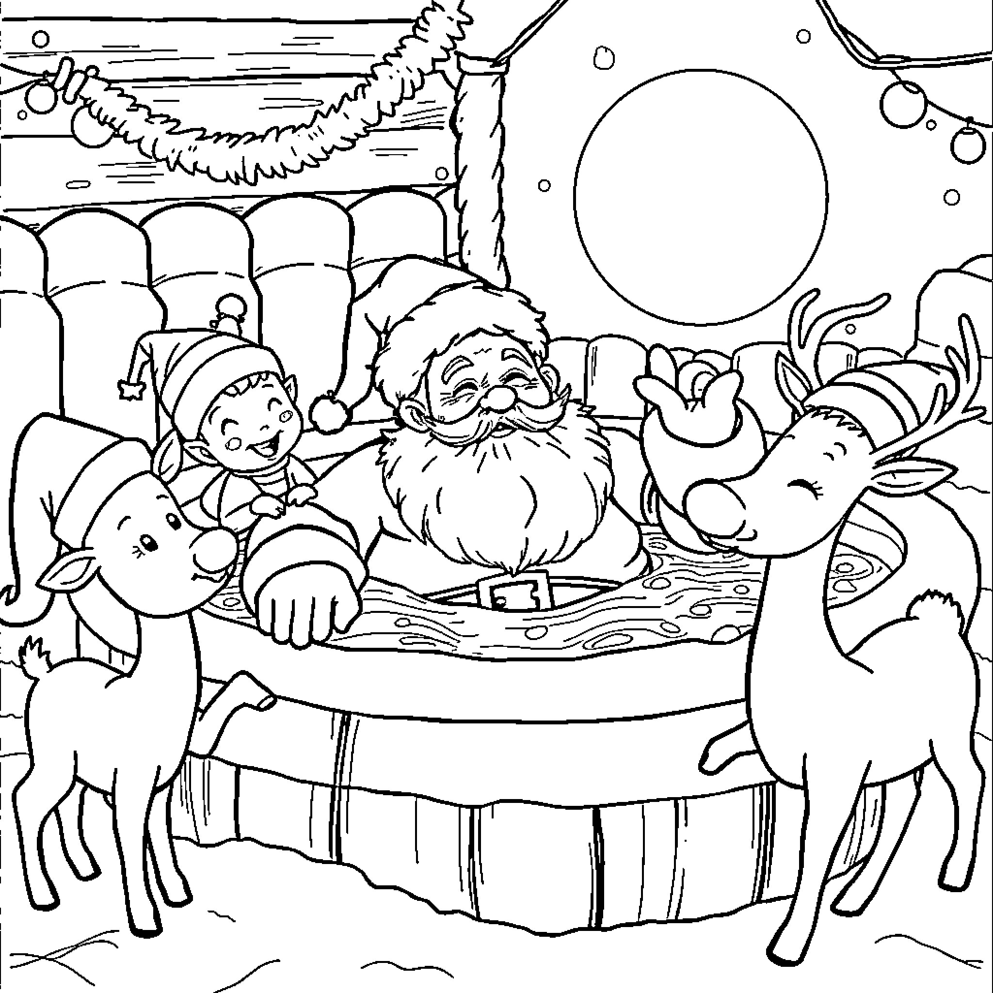 Santa celebrates with joyful animals in winter wonderland Coloring Page (free black-and-white line drawing printable PDF for all, from beginners to advanced learners, including children, teens, adults, and seniors)