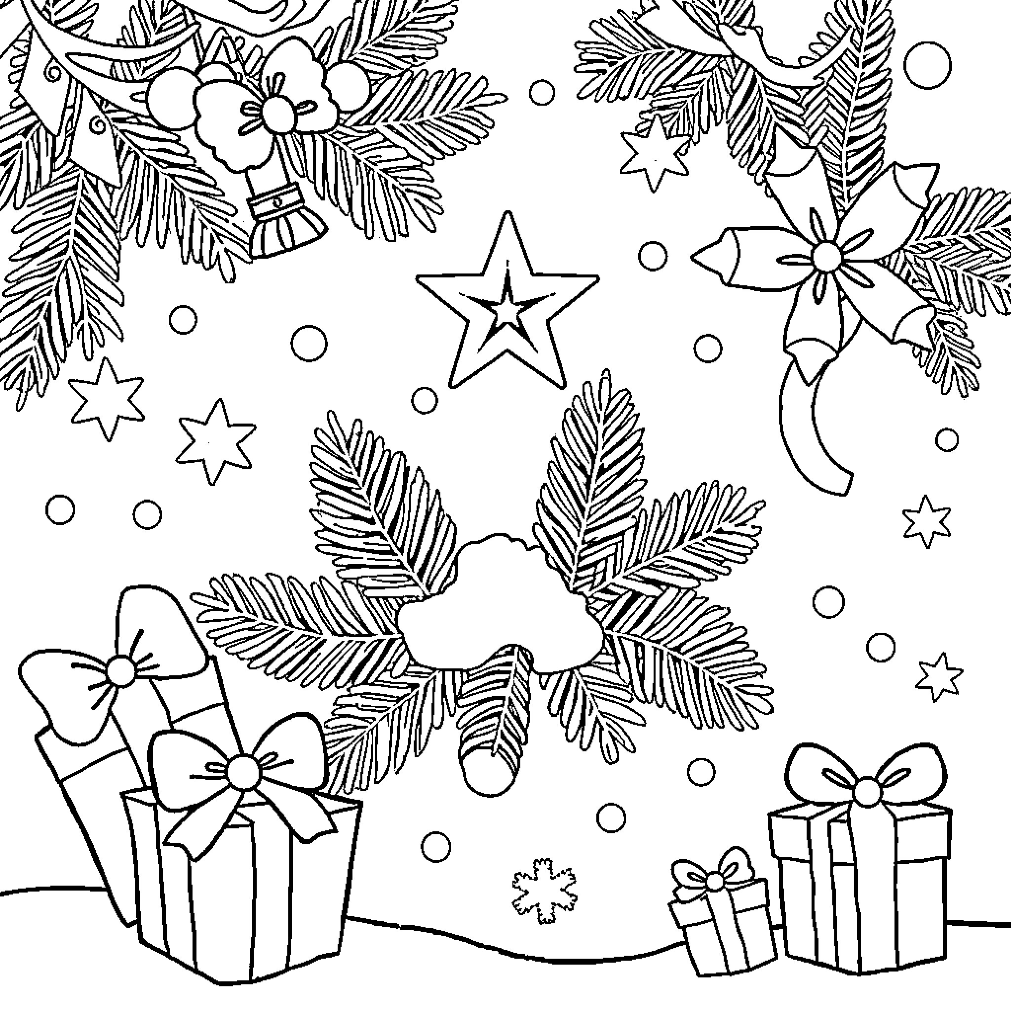 Christmas Decorations, Gifts, and Snowflakes Coloring Page (free black-and-white line drawing printable PDF for all, from beginners to advanced learners, including children, teens, adults, and seniors)