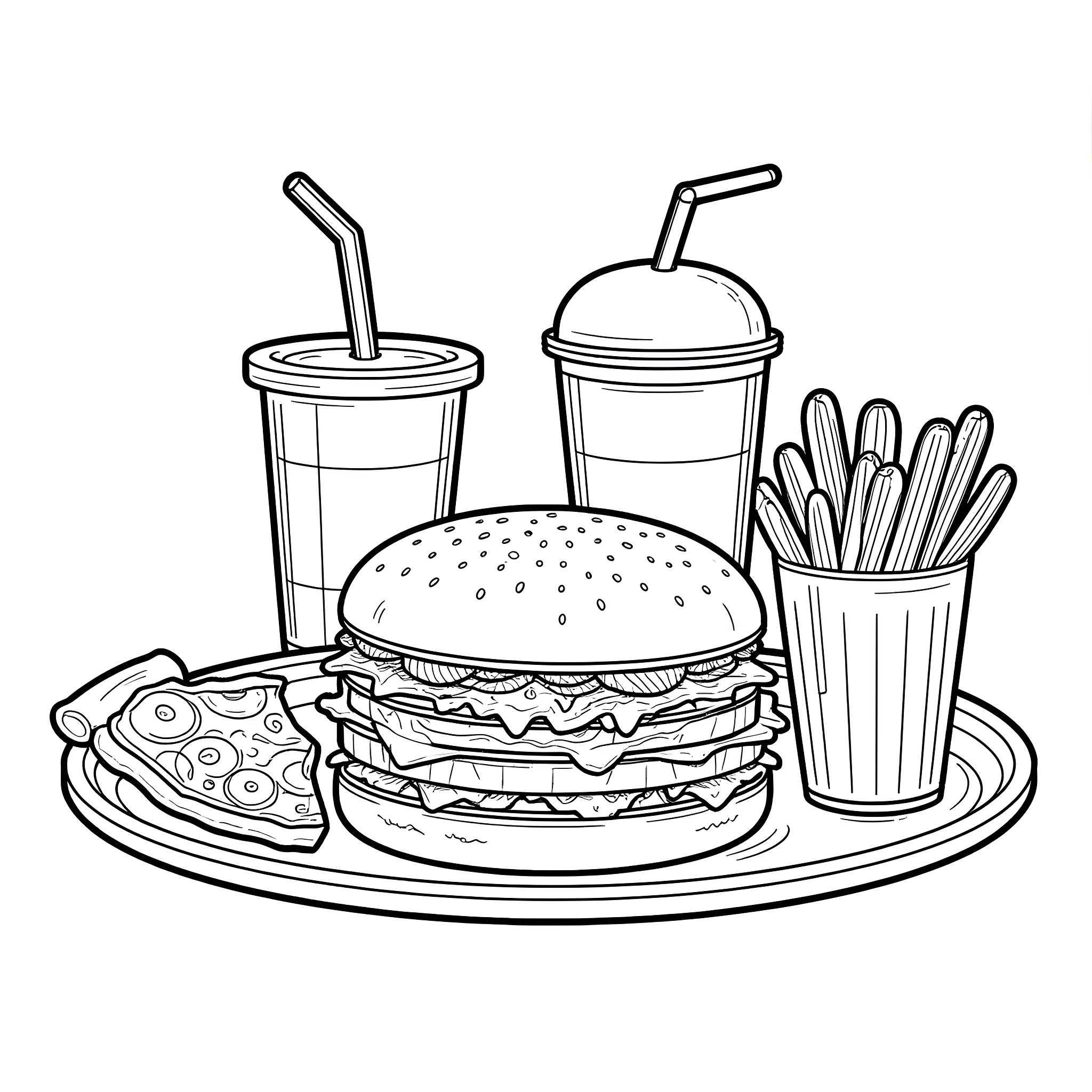 Junk Food Feast: Burgers, Fries, and Drinks Coloring Page (free black-and-white line drawing printable PDF for all, from beginners to advanced learners, including children, teens, adults, and seniors)