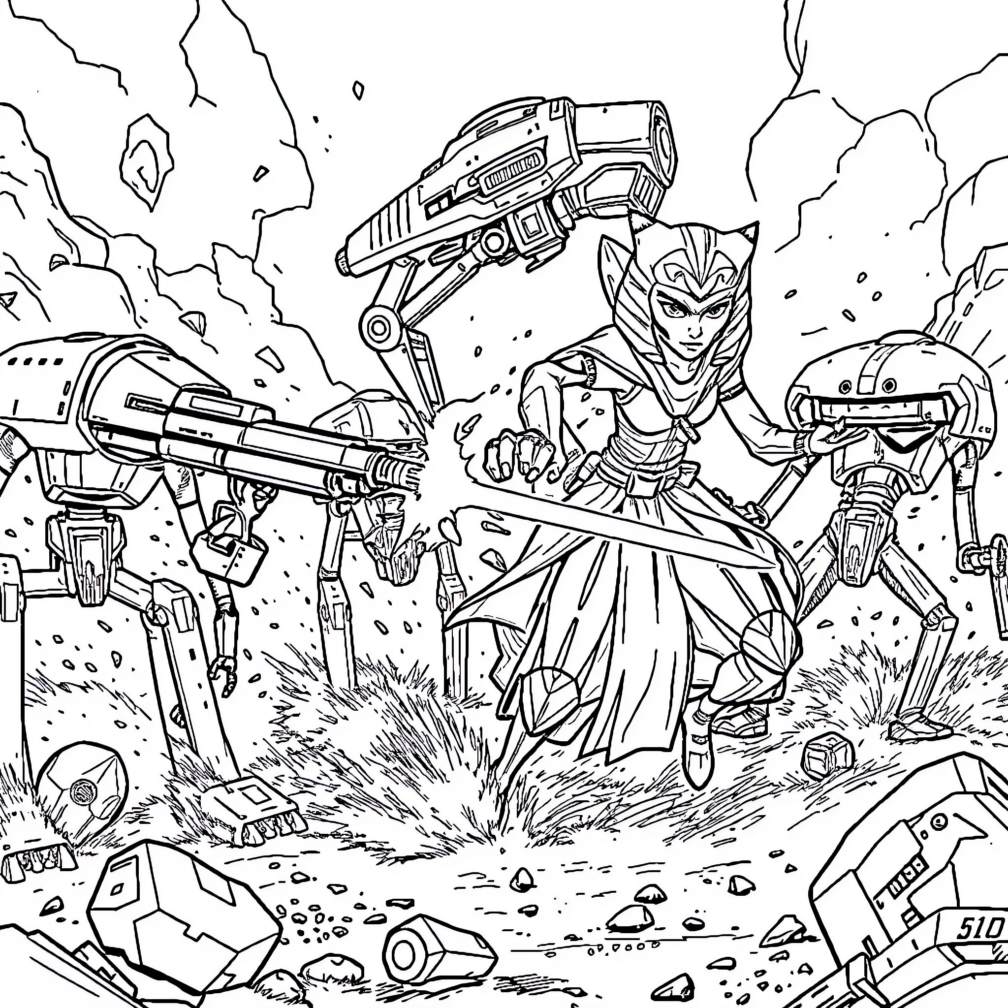 Plo Koon battles fierce battle droids in rugged terrain Coloring Page (free black-and-white line drawing printable PDF for all, from beginners to advanced learners, including children, teens, adults, and seniors)