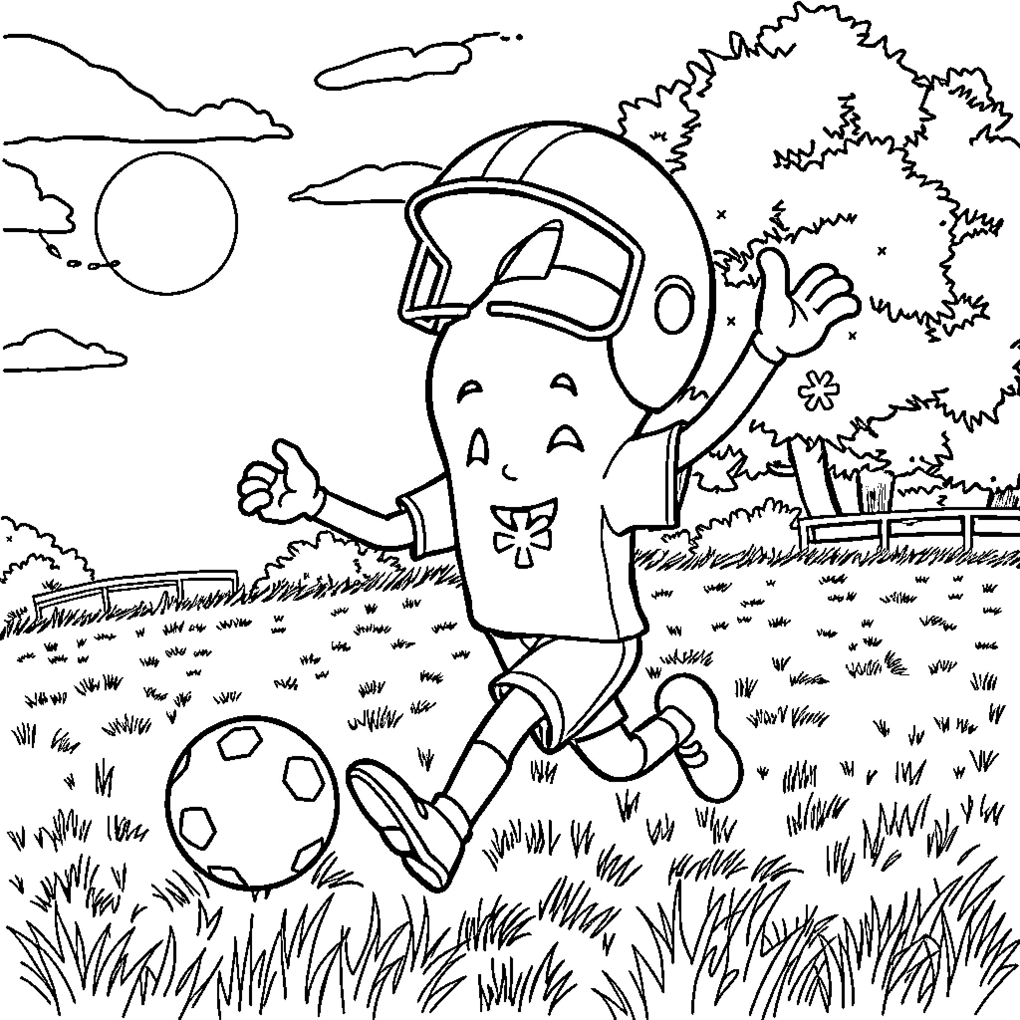 Walmart Spark Playing with Soccer Ball in Nature Coloring Page (free black-and-white line drawing printable PDF for all, from beginners to advanced learners, including children, teens, adults, and seniors)
