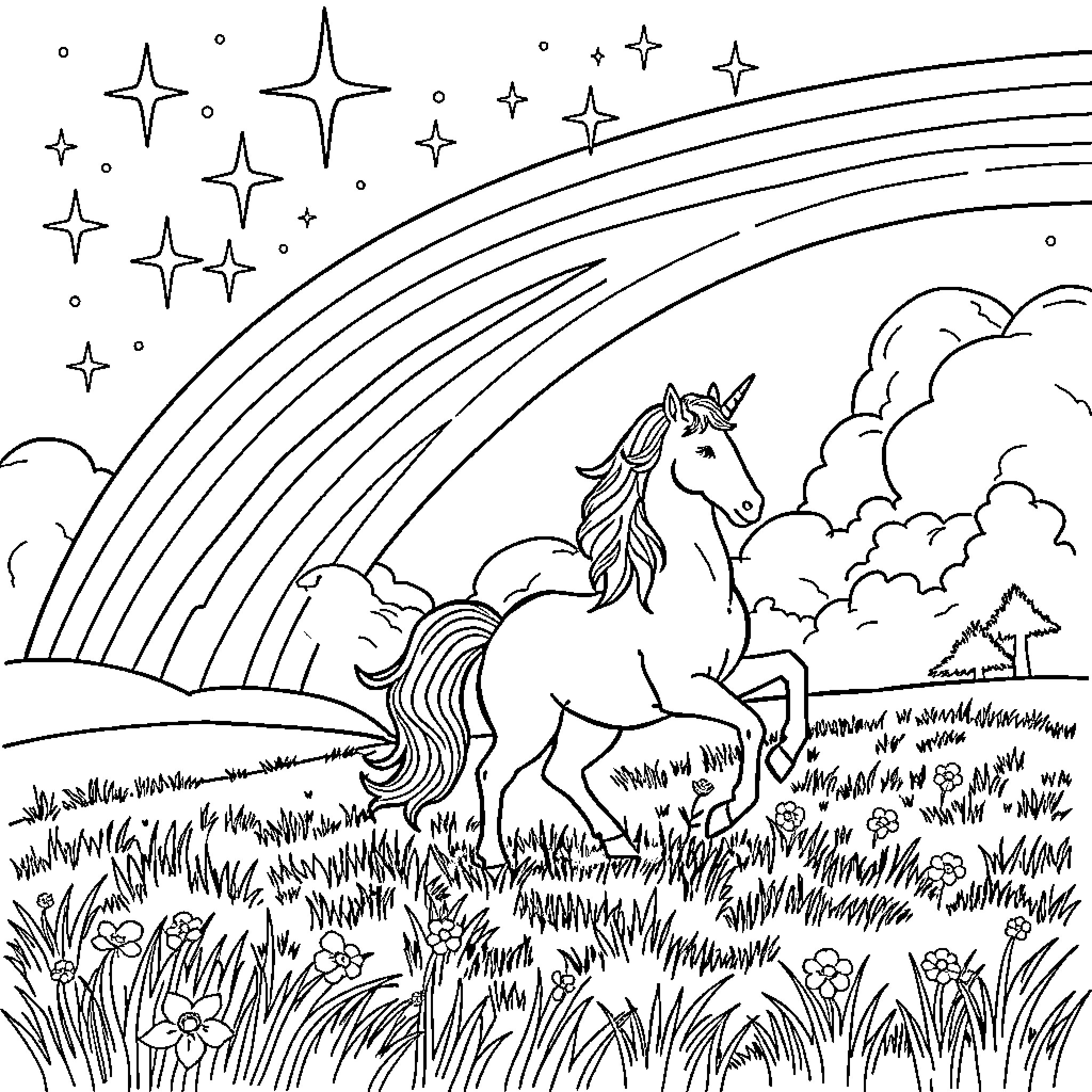 Unicorn galloping through magical meadow Coloring Page (free black-and-white line drawing printable PDF for all, from beginners to advanced learners, including children, teens, adults, and seniors)