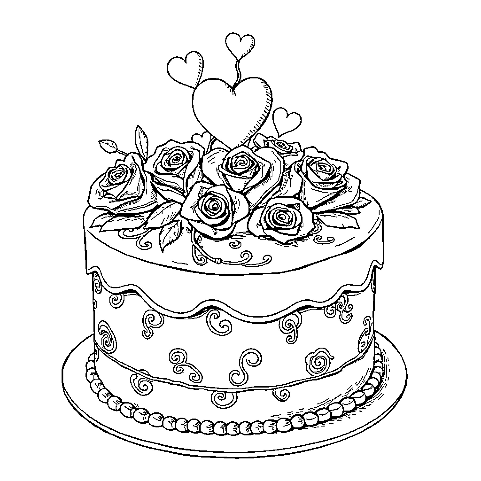 Cake decorated with roses and heart-shaped balloons Coloring Page (free black-and-white line drawing printable PDF for all, from beginners to advanced learners, including children, teens, adults, and seniors)