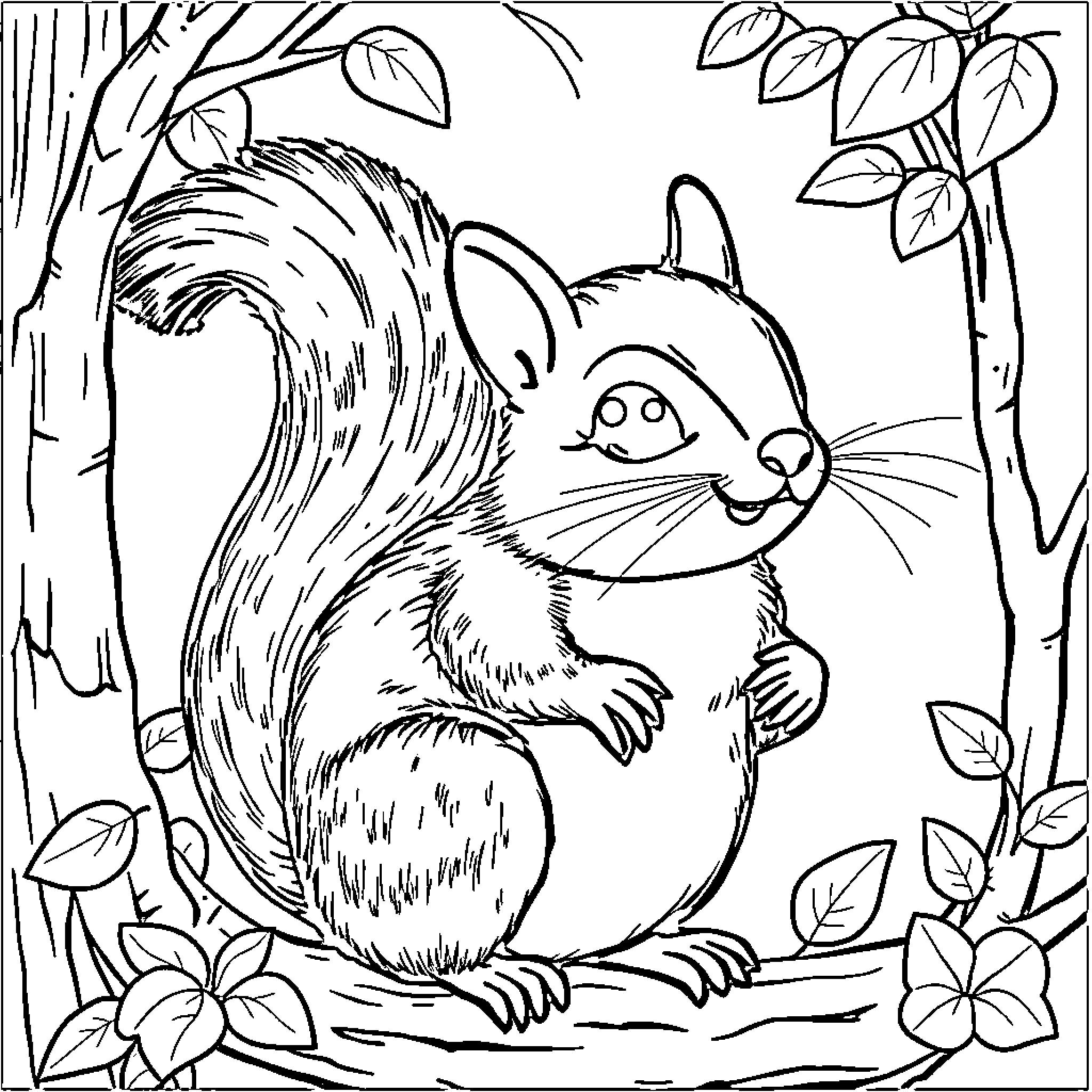 Squirrel enjoying nature in the forest Coloring Page (free black-and-white line drawing printable PDF for all, from beginners to advanced learners, including children, teens, adults, and seniors)