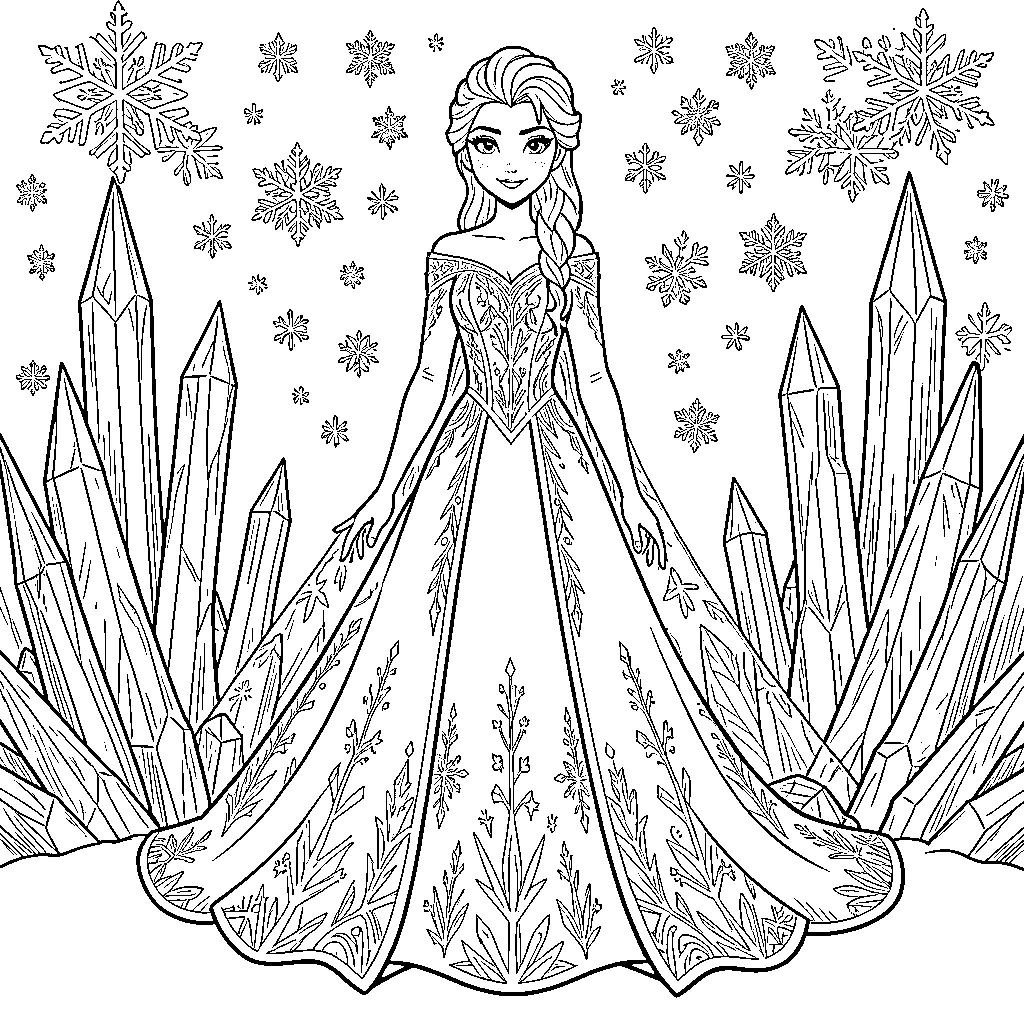 Elsa standing gracefully amidst ice crystals and snowflakes Coloring Page (free black-and-white line drawing printable PDF for all, from beginners to advanced learners, including children, teens, adults, and seniors)