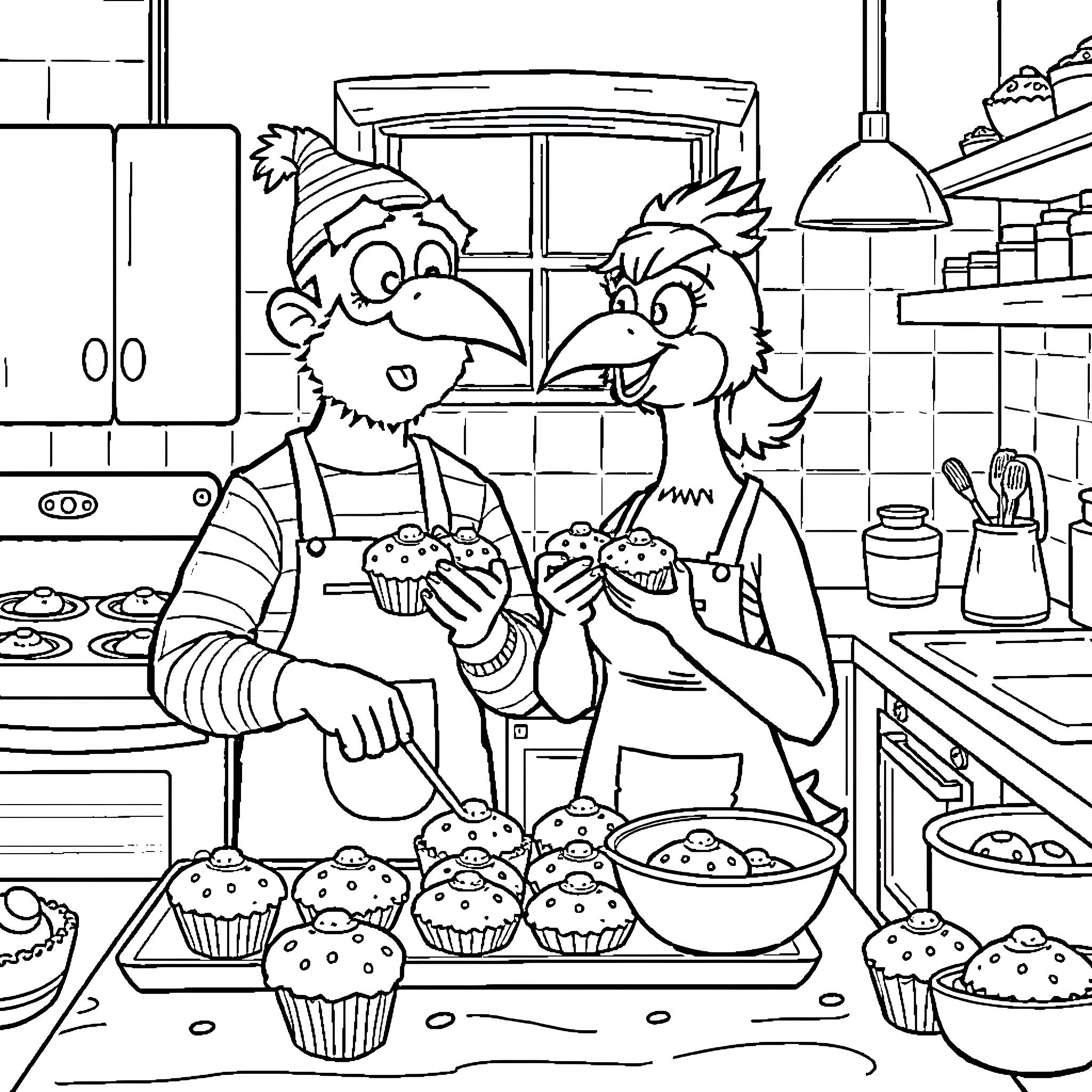 Baking Muffins with Cheerful Companions Coloring Page (free black-and-white line drawing printable PDF for all, from beginners to advanced learners, including children, teens, adults, and seniors)