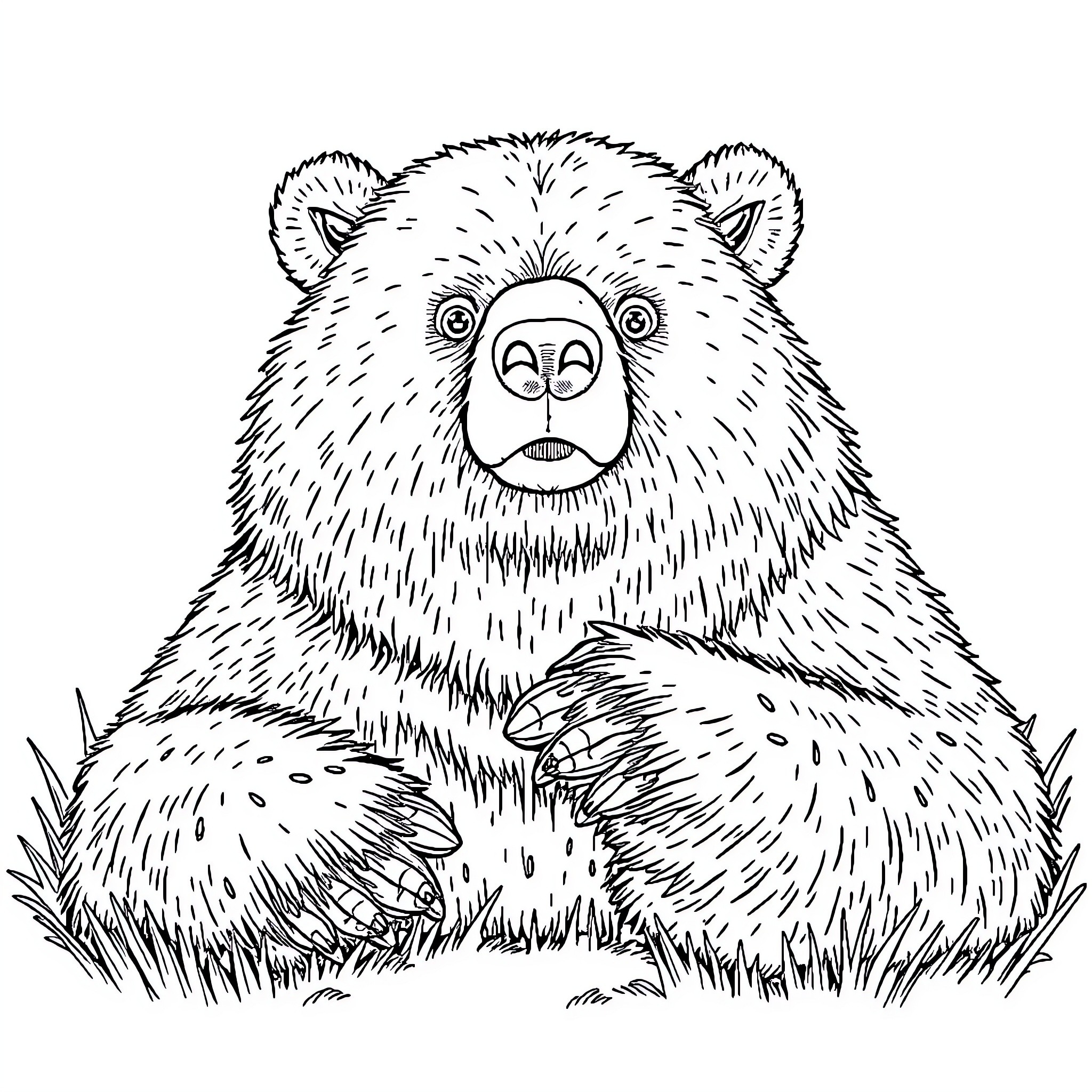 Bear with expressive face sitting in grass Coloring Page (free black-and-white line drawing printable PDF for all, from beginners to advanced learners, including children, teens, adults, and seniors)