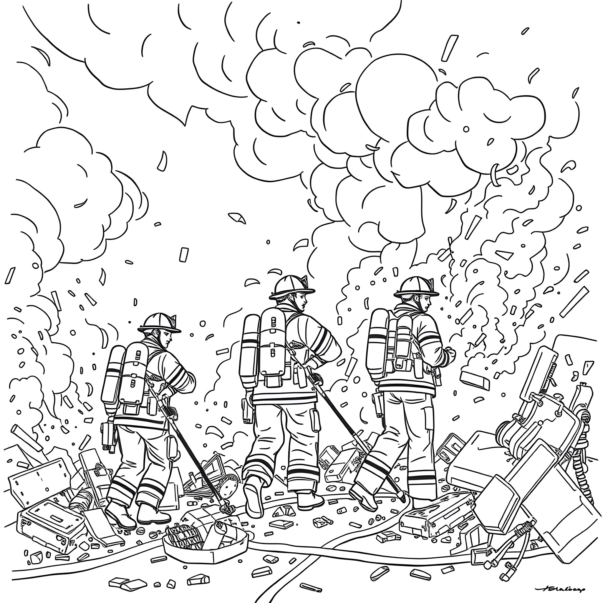Firefighters battling a raging fire in the city Coloring Page (free black-and-white line drawing printable PDF for all, from beginners to advanced learners, including children, teens, adults, and seniors)