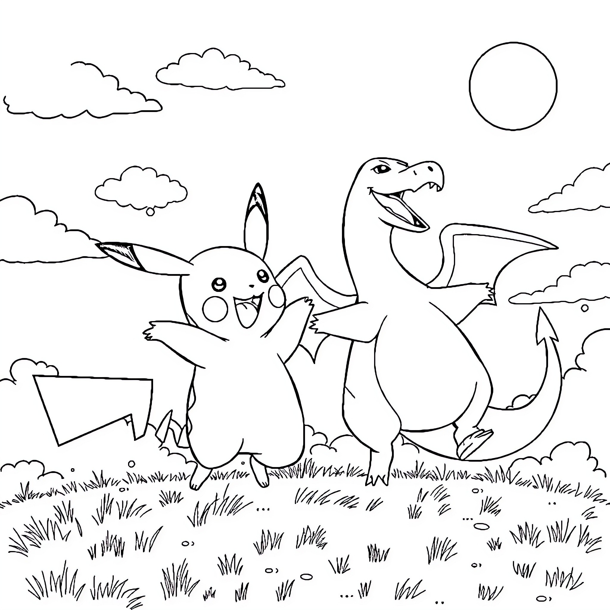 Pikachu and Pterodactyl Playing in the Meadow Coloring Page (free black-and-white line drawing printable PDF for all, from beginners to advanced learners, including children, teens, adults, and seniors)