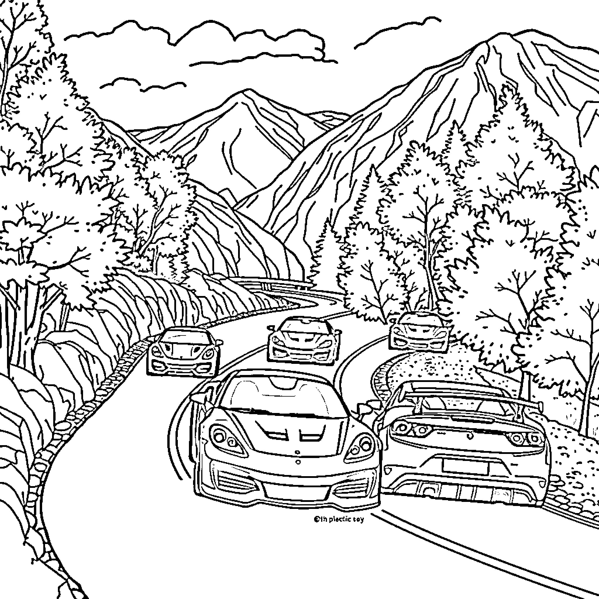 Sports Cars Racing on Winding Mountain Road Coloring Page (free black-and-white line drawing printable PDF for all, from beginners to advanced learners, including children, teens, adults, and seniors)