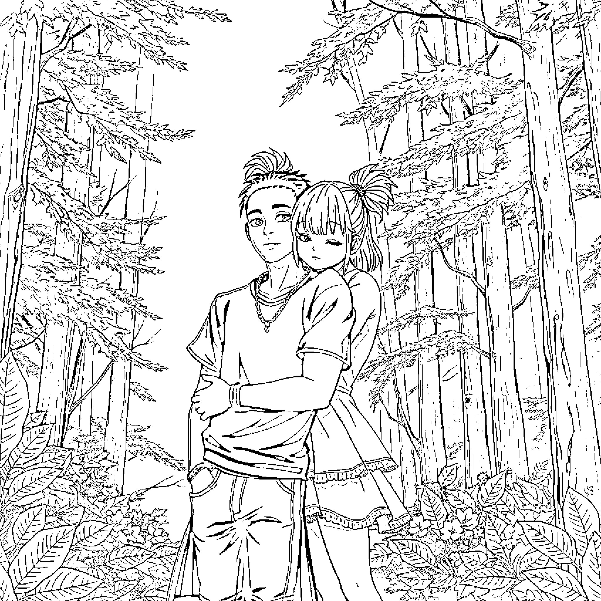 Goth Girl Embracing Companion in Enchanted Forest Coloring Page (free black-and-white line drawing printable PDF for all, from beginners to advanced learners, including children, teens, adults, and seniors)