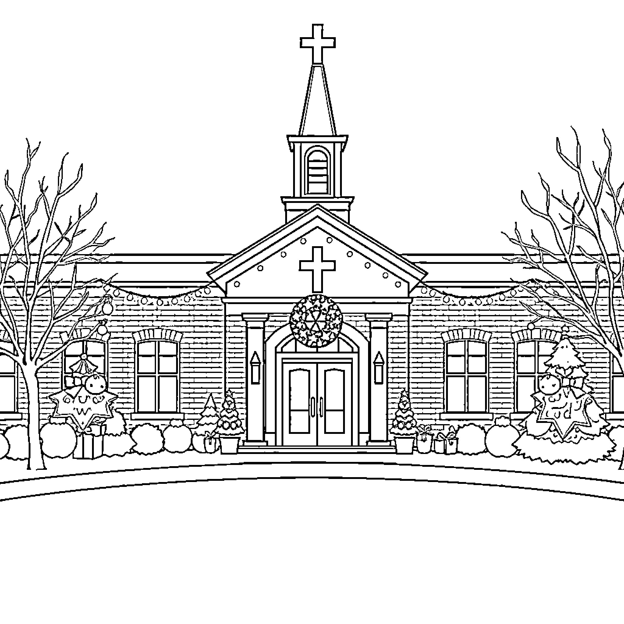 School Church with Decorative Entrance and Surroundings Coloring Page (free black-and-white line drawing printable PDF for all, from beginners to advanced learners, including children, teens, adults, and seniors)