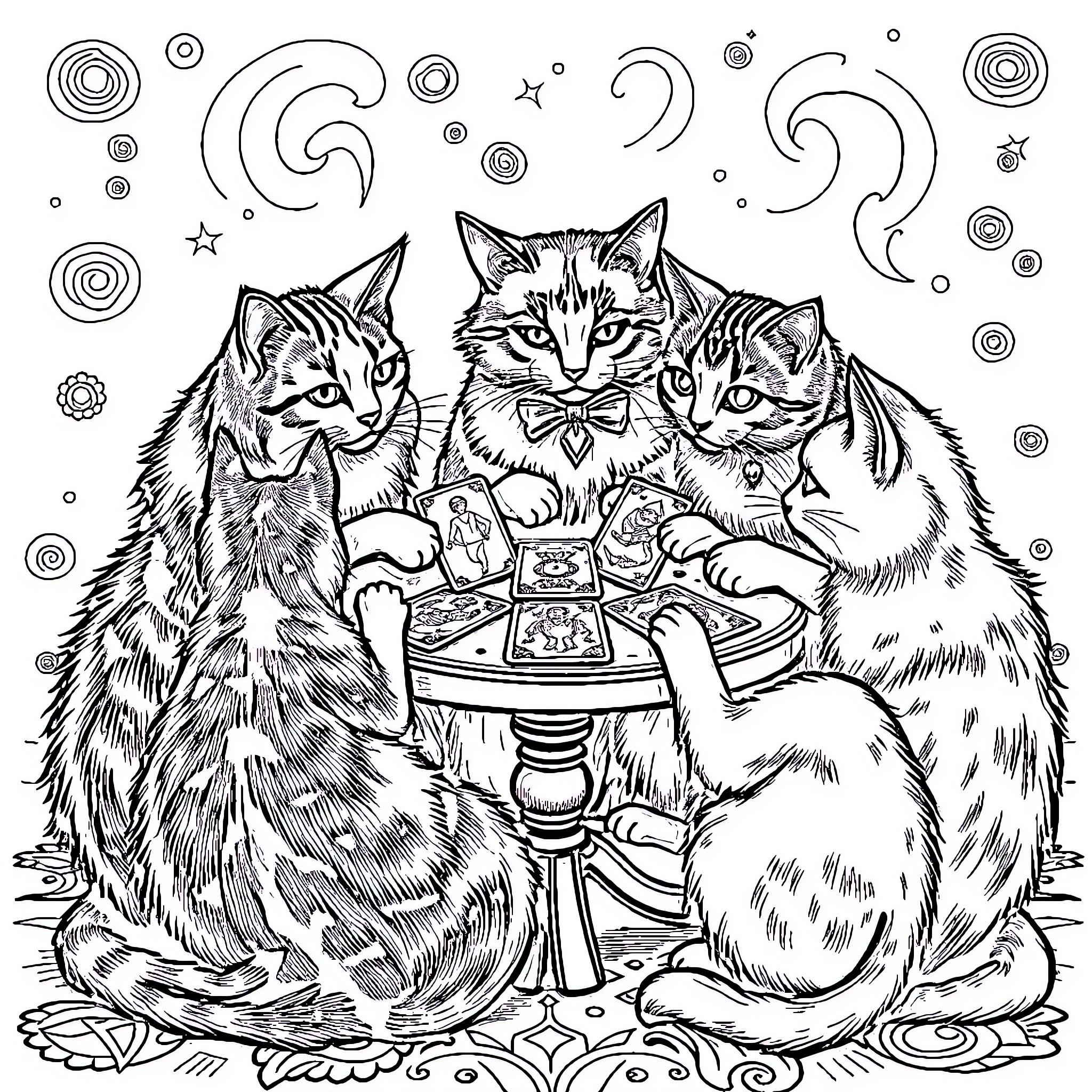 Cats Playing with Mystical Objects in Starry Night Coloring Page (free black-and-white line drawing printable PDF for all, from beginners to advanced learners, including children, teens, adults, and seniors)