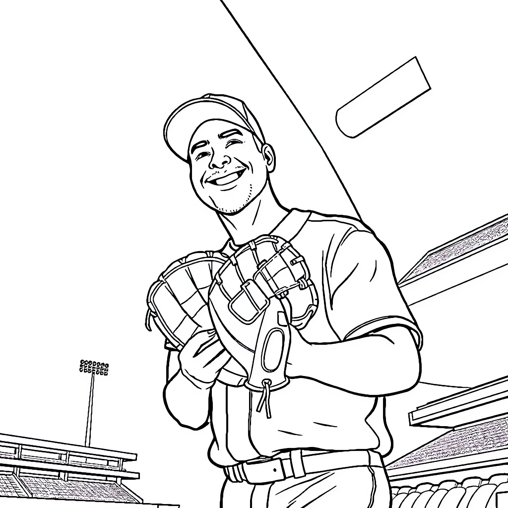 Dad playing baseball in the stadium Coloring Page (free black-and-white line drawing printable PDF for all, from beginners to advanced learners, including children, teens, adults, and seniors)