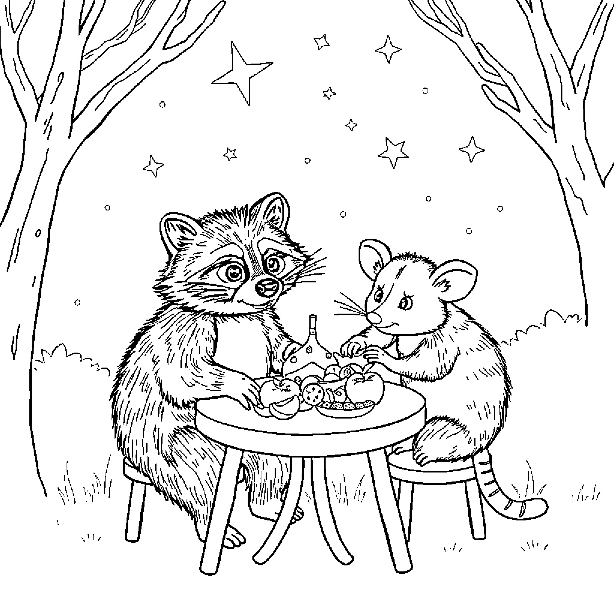 Raccoon and mouse enjoying a starry night picnic Coloring Page (free black-and-white line drawing printable PDF for all, from beginners to advanced learners, including children, teens, adults, and seniors)