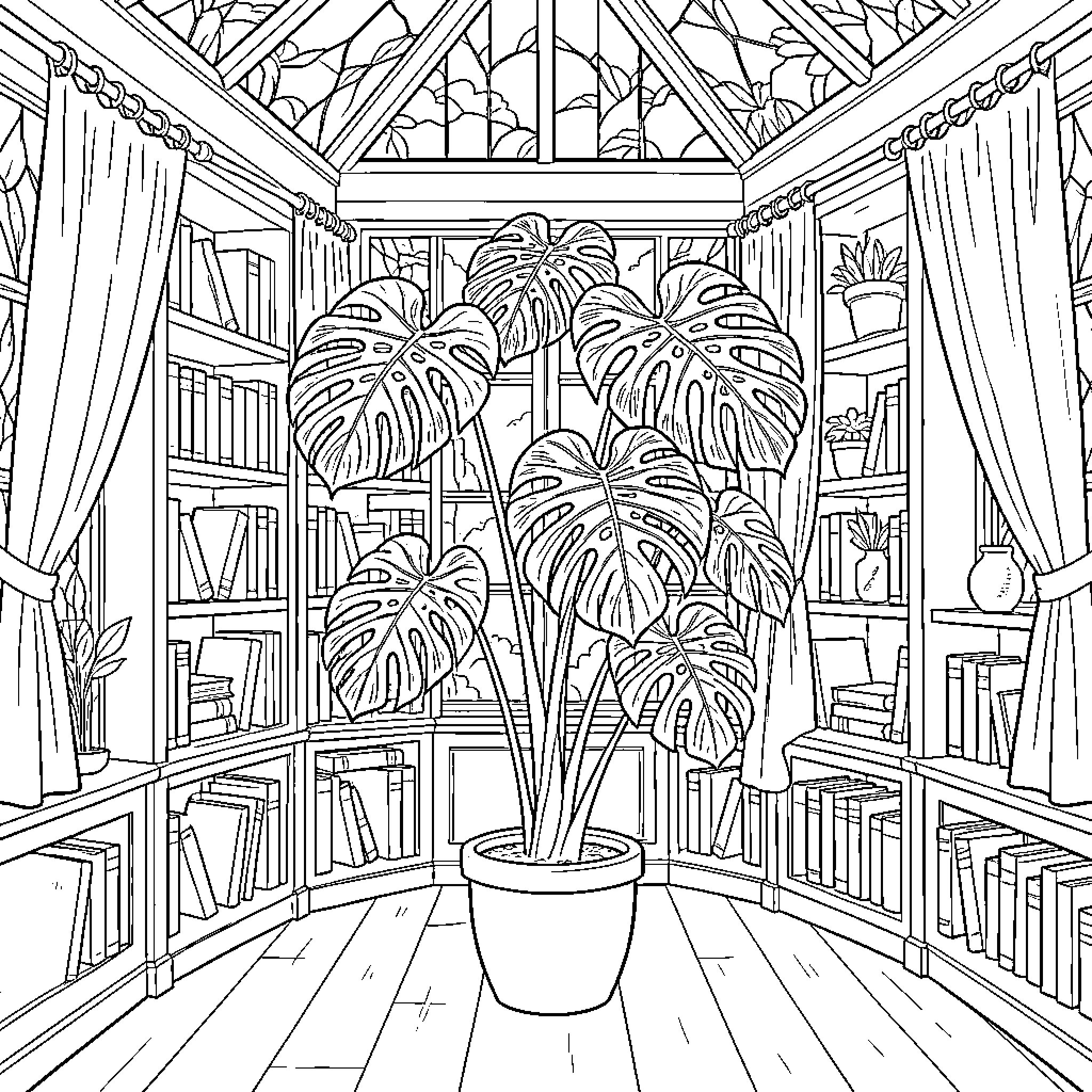 Monstera plant standing in a cozy sunroom library Coloring Page (free black-and-white line drawing printable PDF for all, from beginners to advanced learners, including children, teens, adults, and seniors)