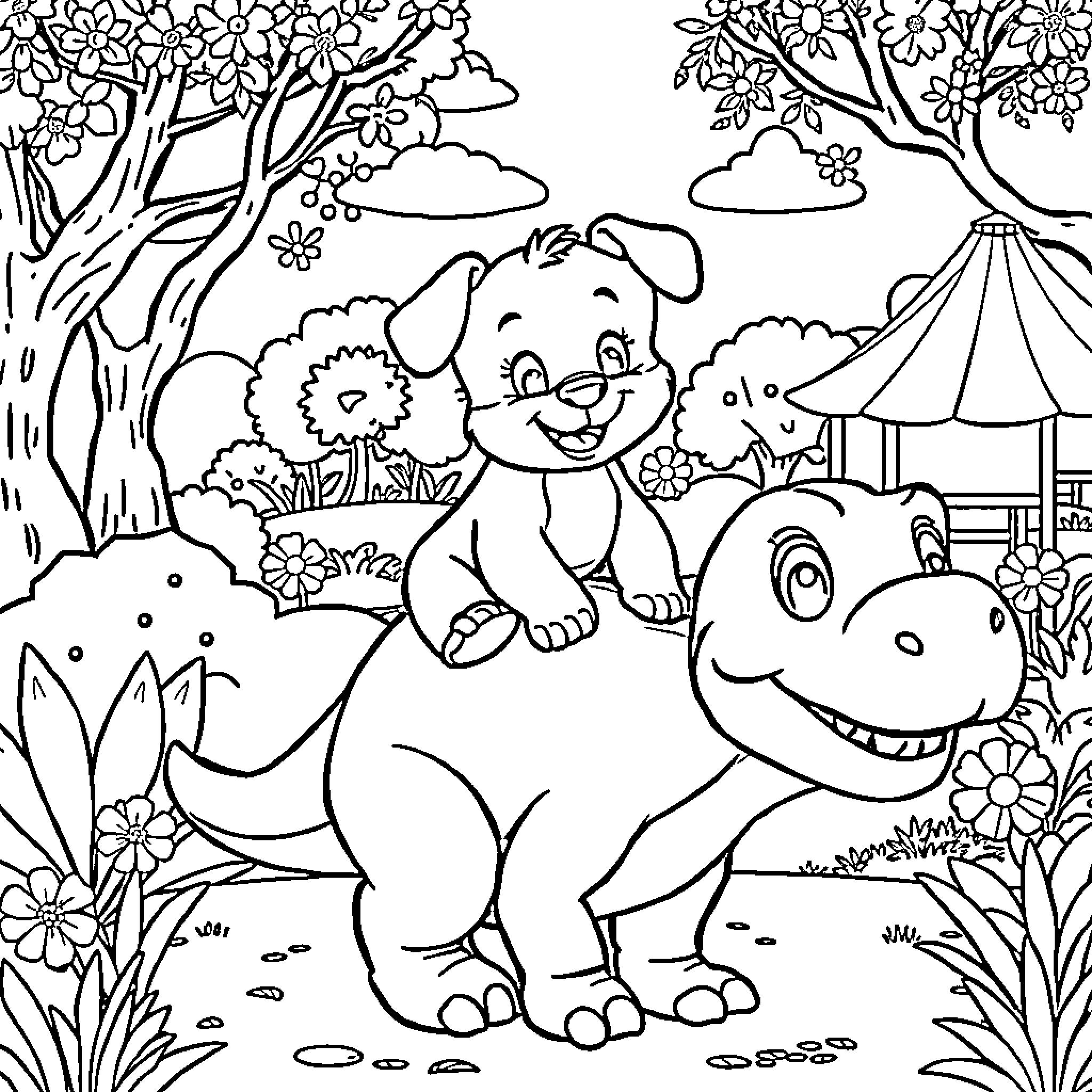 Bluey playing with puppies in the park Coloring Page (free black-and-white line drawing printable PDF for all, from beginners to advanced learners, including children, teens, adults, and seniors)