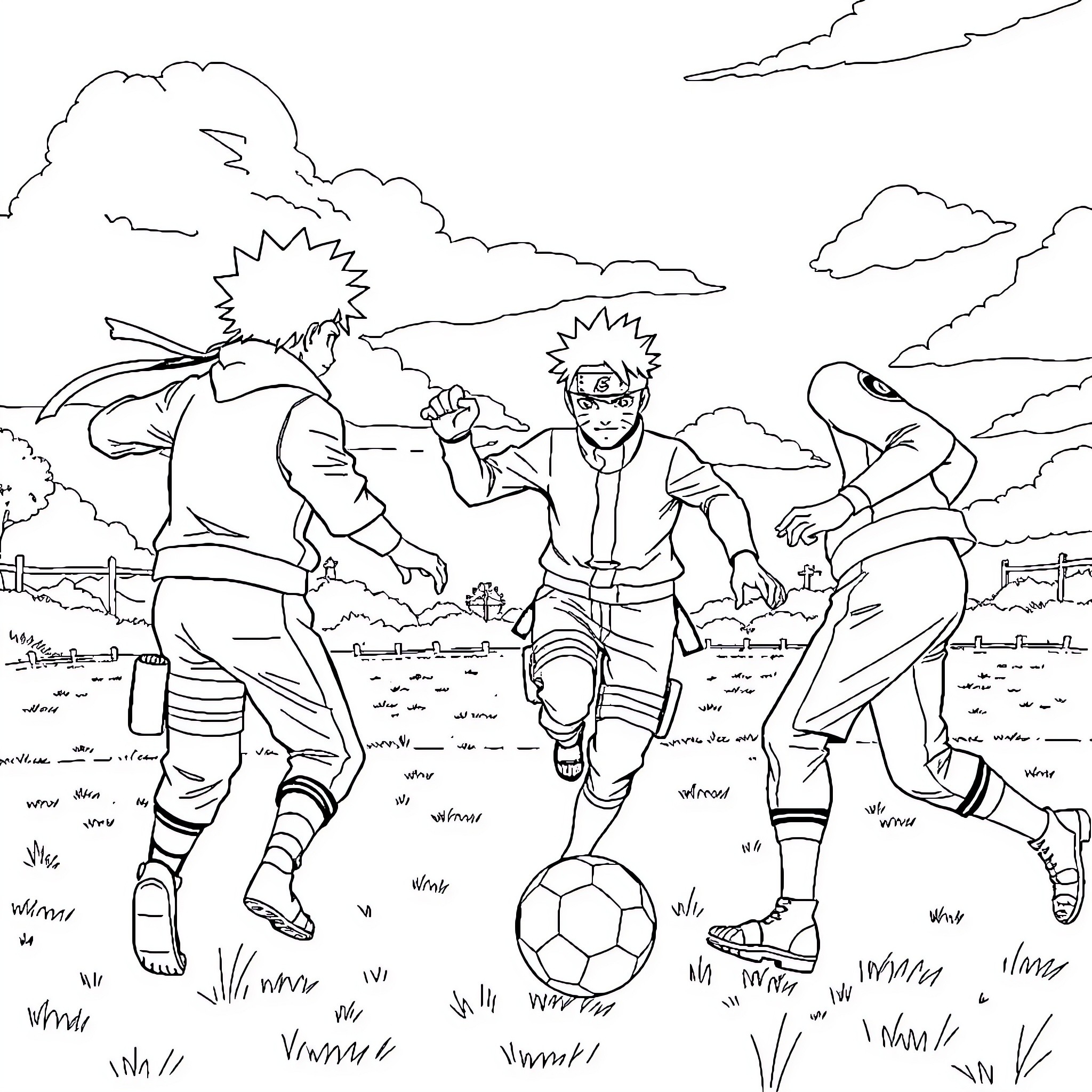 Naruto characters playing soccer in the village Coloring Page (free black-and-white line drawing printable PDF for all, from beginners to advanced learners, including children, teens, adults, and seniors)