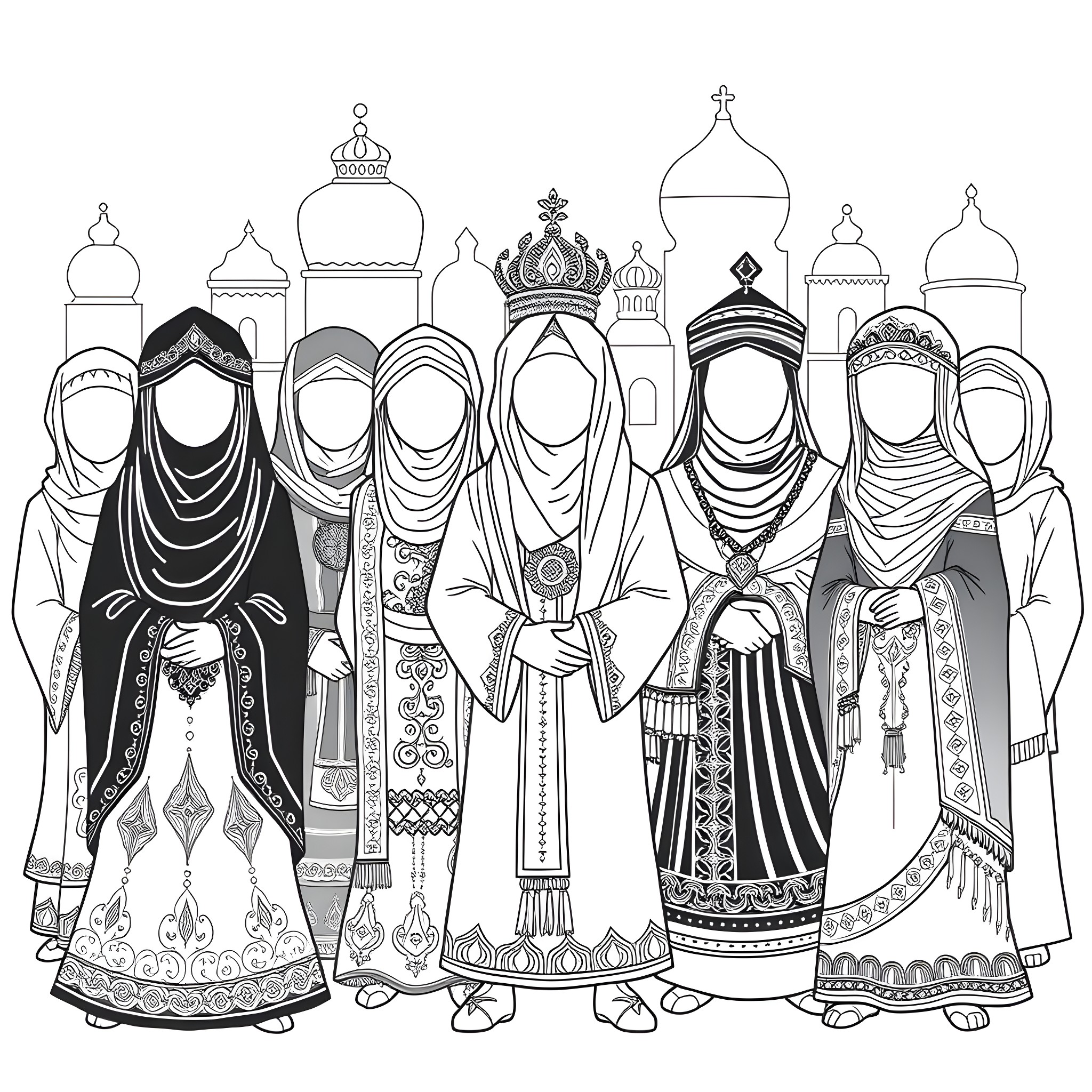 Person in traditional religious garments and headwear Coloring Page (free black-and-white line drawing printable PDF for all, from beginners to advanced learners, including children, teens, adults, and seniors)
