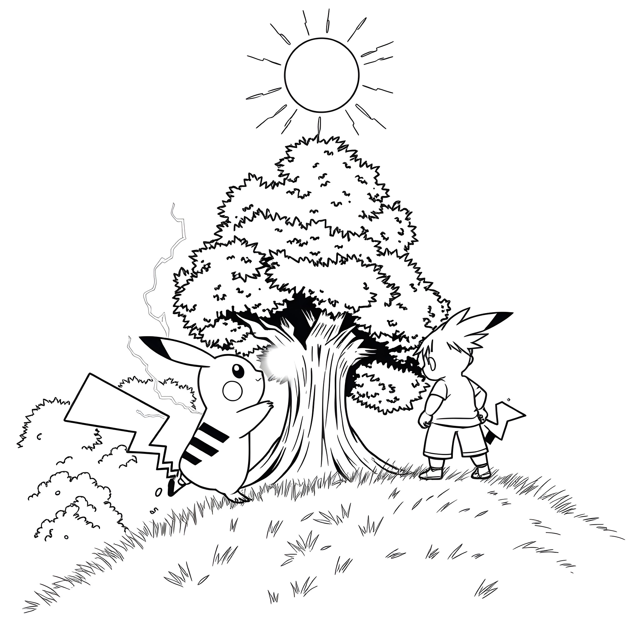 Pikachu exploring a magical forest scene Coloring Page (free black-and-white line drawing printable PDF for all, from beginners to advanced learners, including children, teens, adults, and seniors)