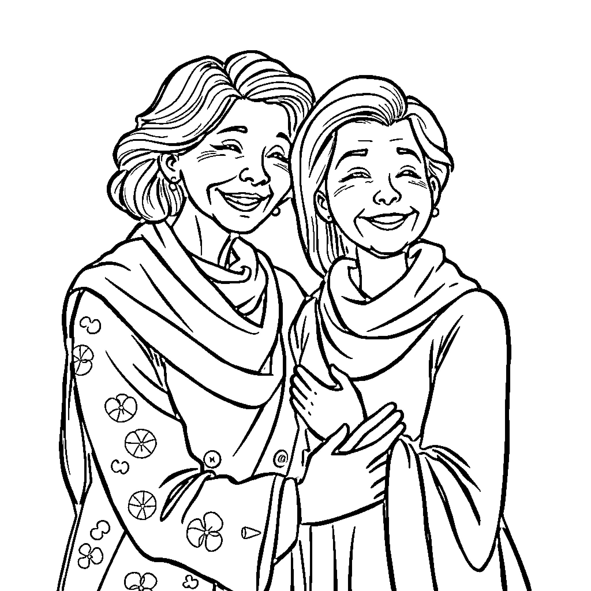Mom and daughter embracing warmly Coloring Page (free black-and-white line drawing printable PDF for all, from beginners to advanced learners, including children, teens, adults, and seniors)