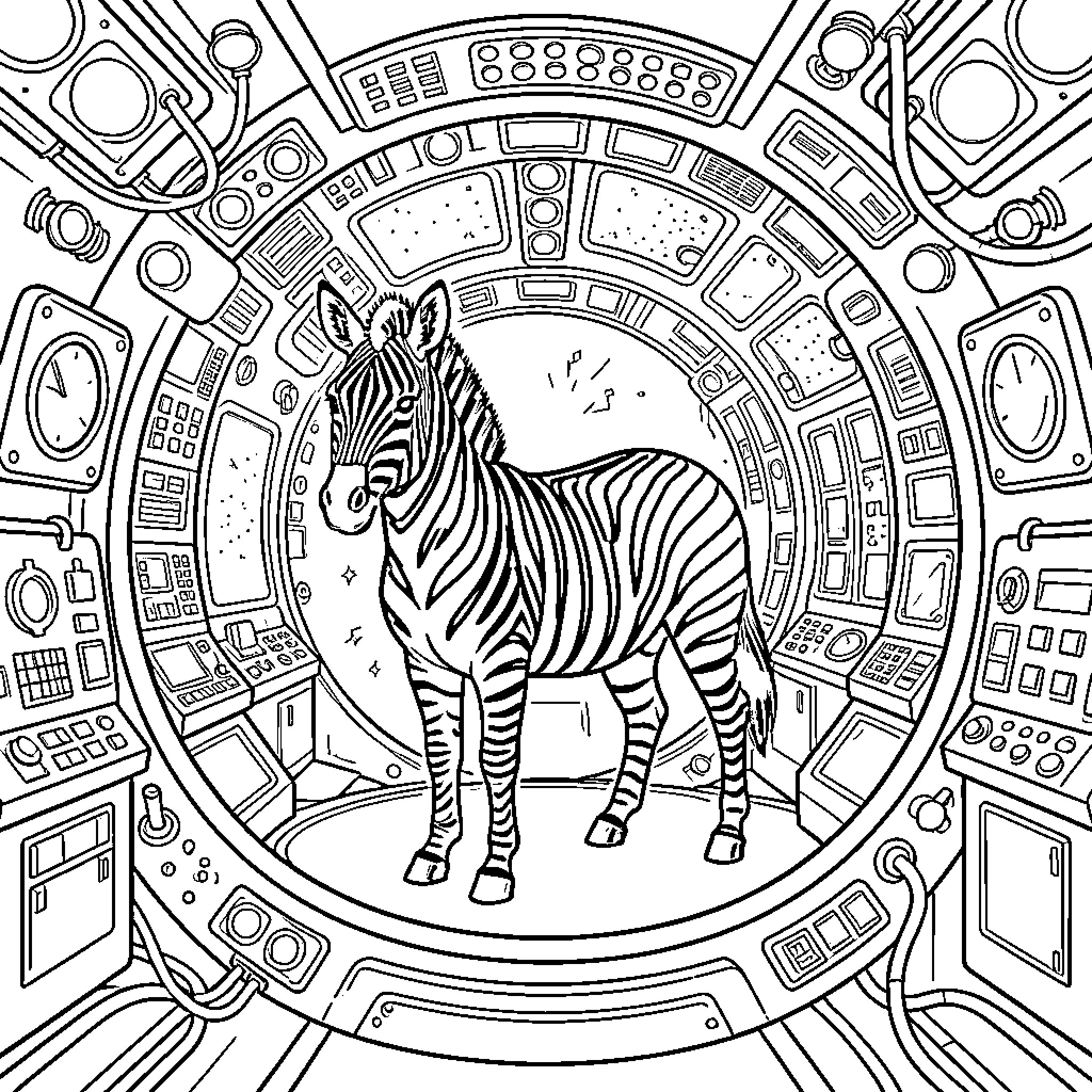 Zebra standing inside a futuristic spaceship cockpit Coloring Page (free black-and-white line drawing printable PDF for all, from beginners to advanced learners, including children, teens, adults, and seniors)