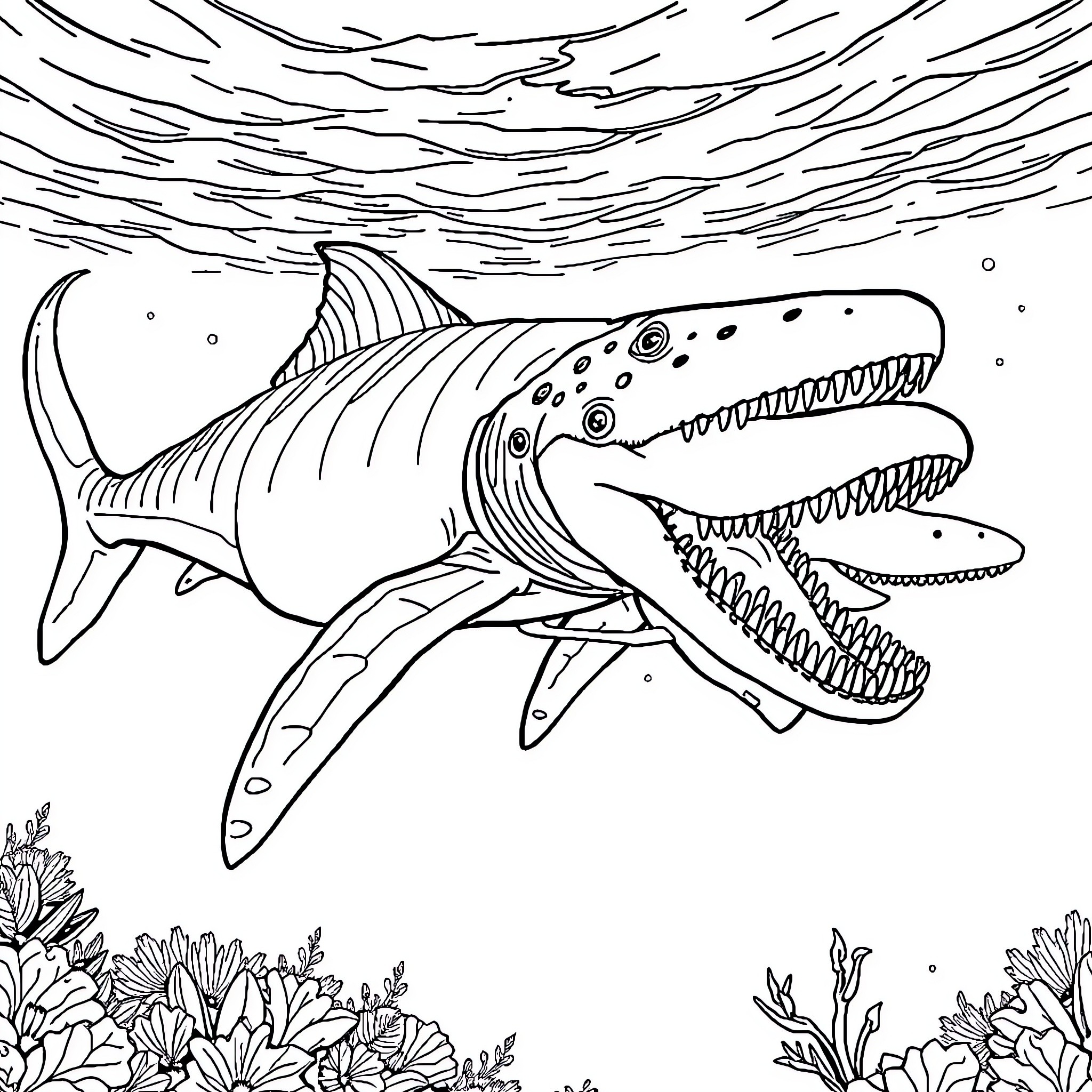 Mosasaurs attacking underwater in the ocean Coloring Page (free black-and-white line drawing printable PDF for all, from beginners to advanced learners, including children, teens, adults, and seniors)