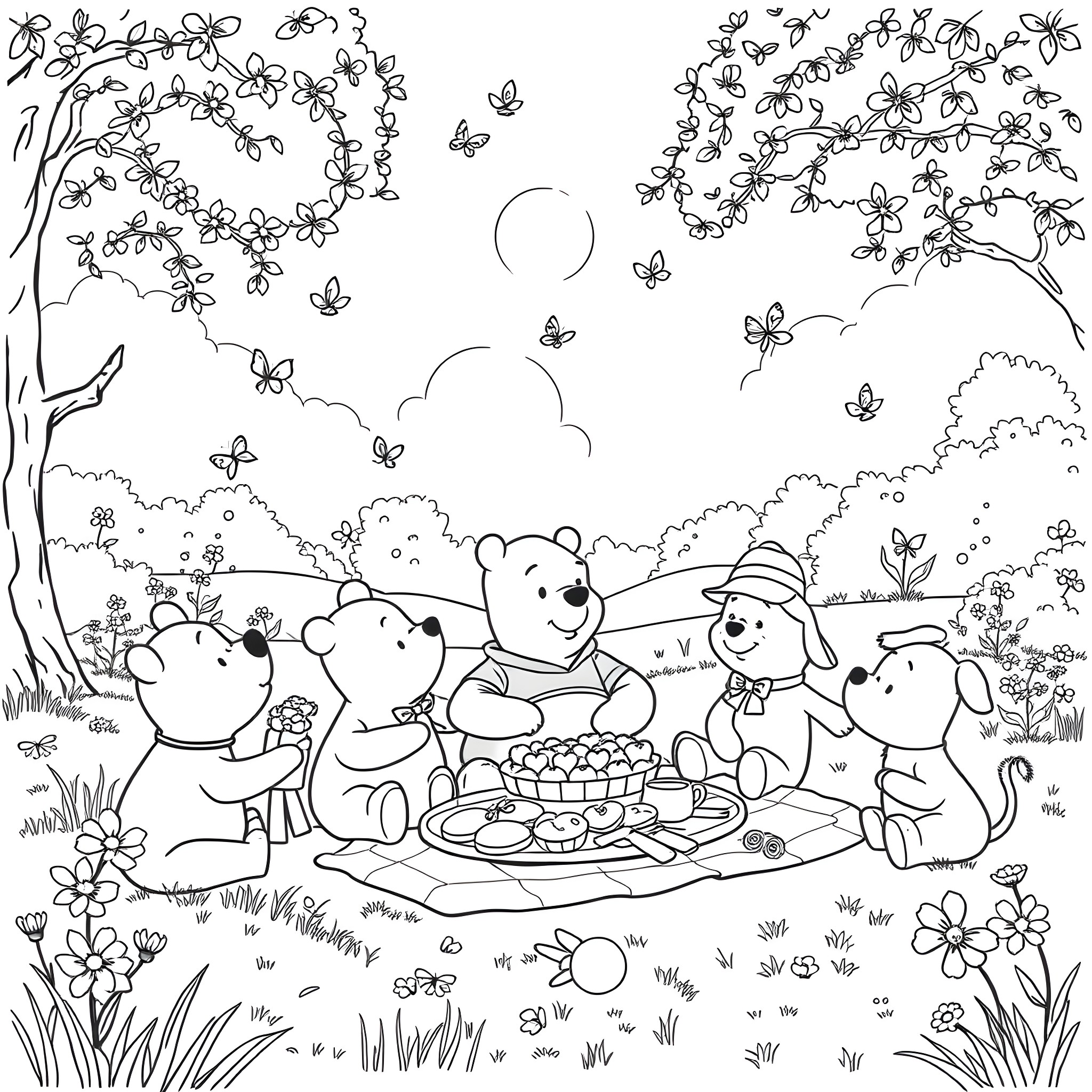 Winnie The Pooh and Friends Enjoying a Picnic in the Meadow Coloring Page (free black-and-white line drawing printable PDF for all, from beginners to advanced learners, including children, teens, adults, and seniors)