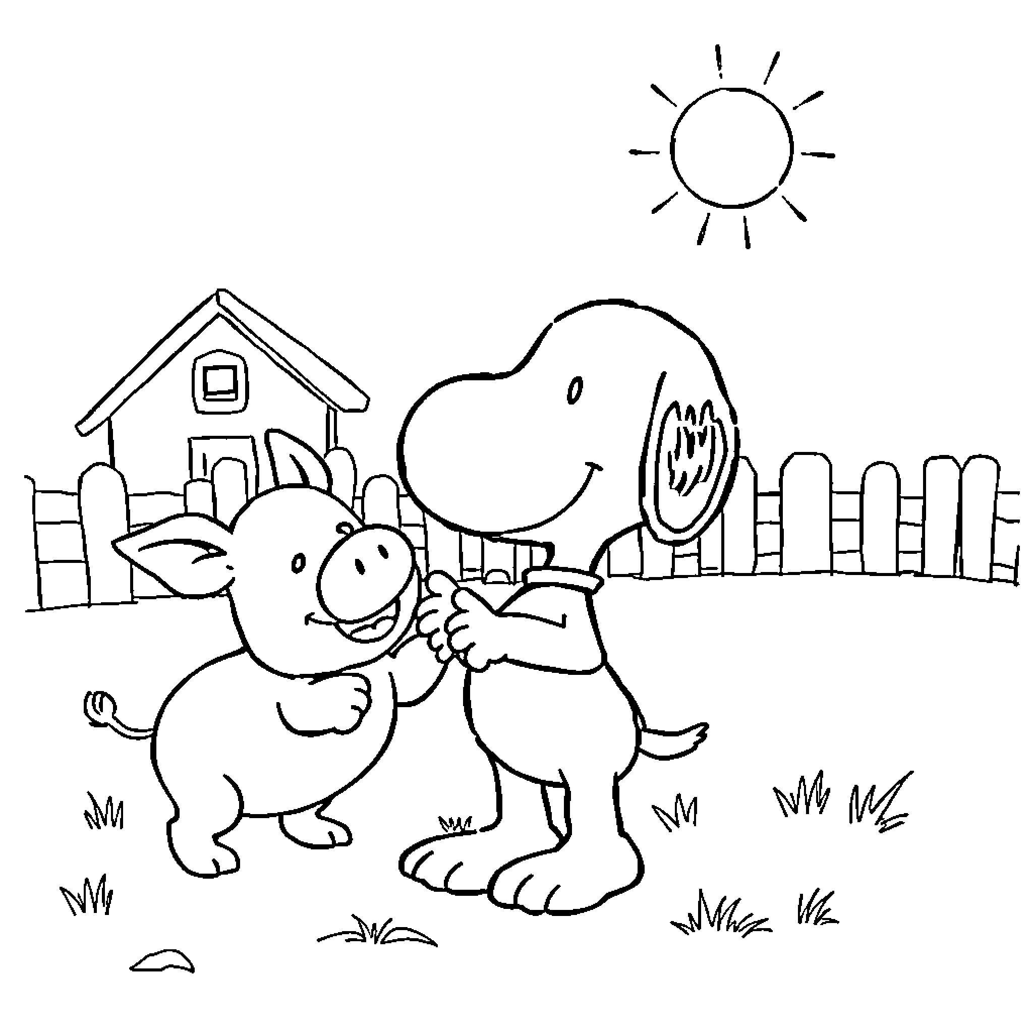 Snoopy and friends playing joyfully in the countryside Coloring Page (free black-and-white line drawing printable PDF for all, from beginners to advanced learners, including children, teens, adults, and seniors)