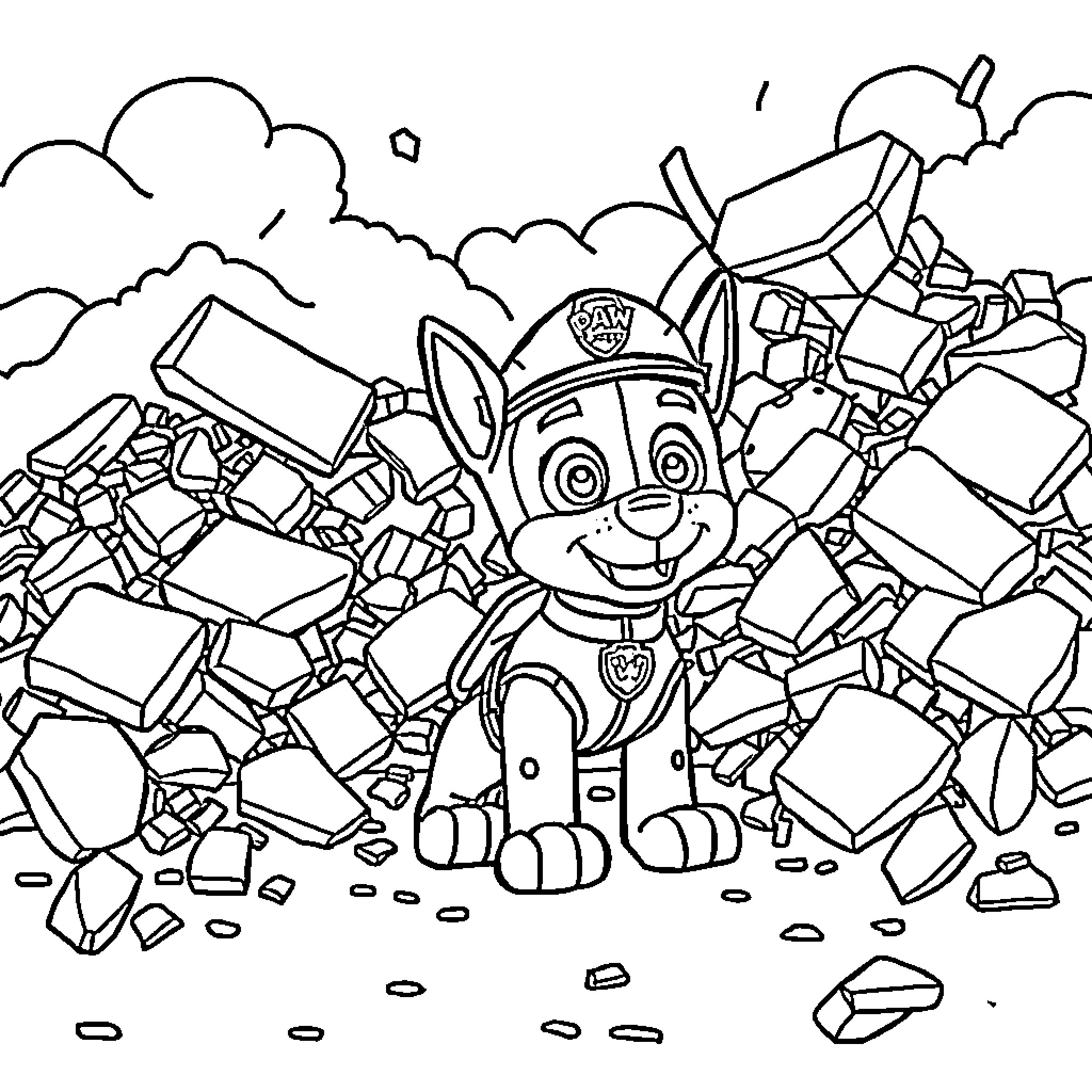 Paw Patrol pup exploring the rubble Coloring Page (free black-and-white line drawing printable PDF for all, from beginners to advanced learners, including children, teens, adults, and seniors)