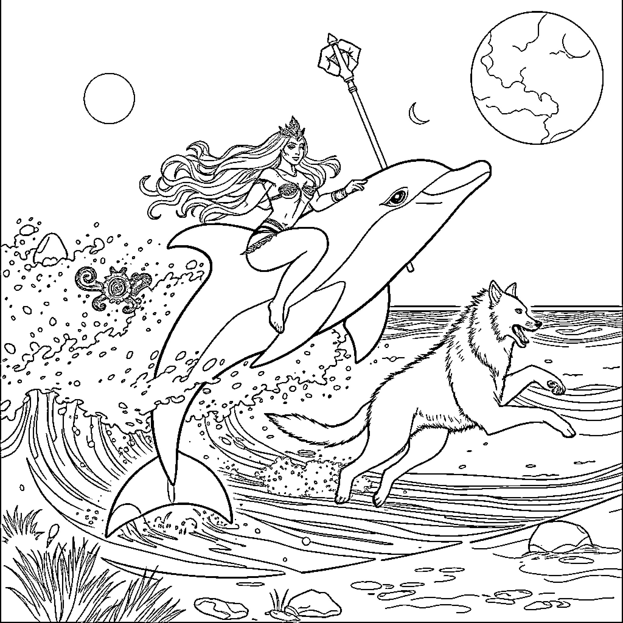 She-Ra riding a dolphin and wolf in a magical ocean scene Coloring Page (free black-and-white line drawing printable PDF for all, from beginners to advanced learners, including children, teens, adults, and seniors)