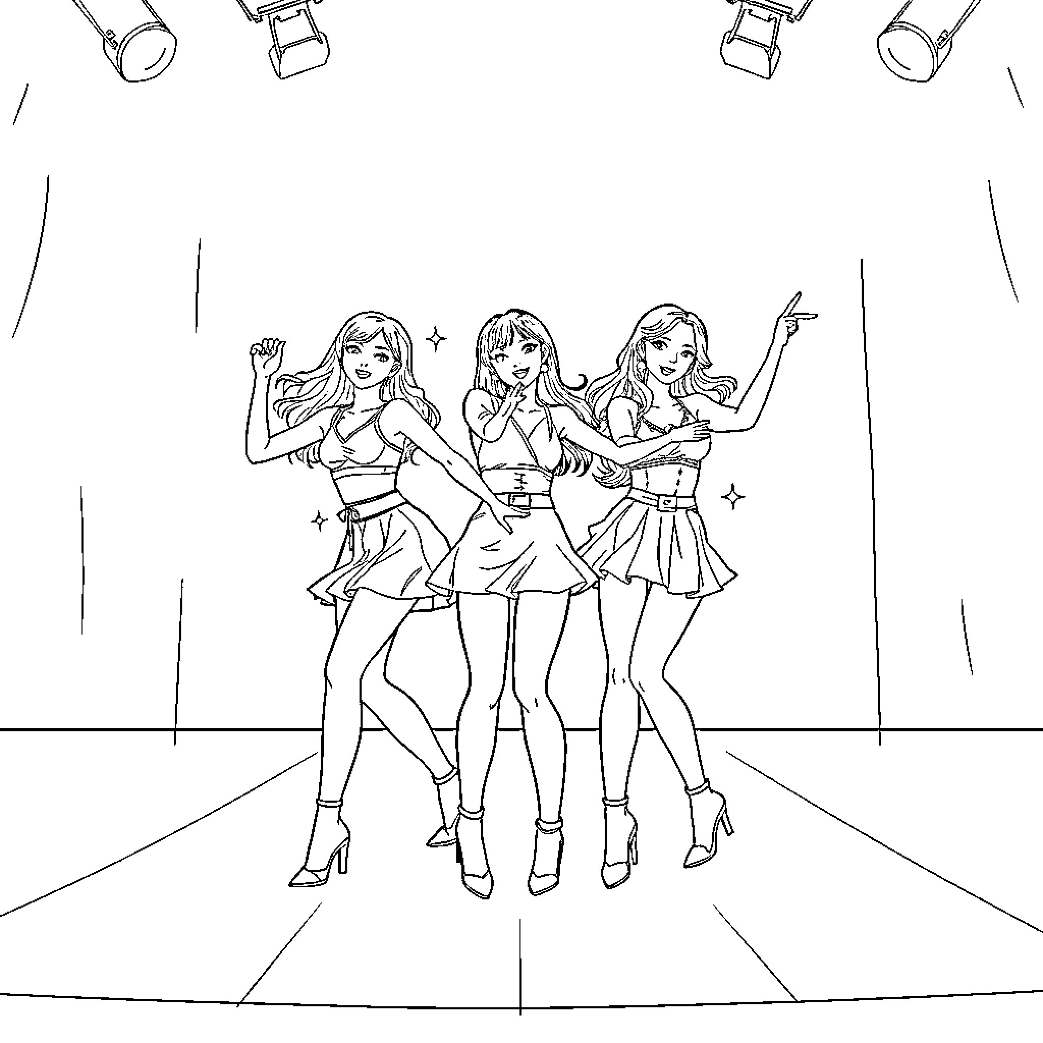 Kpop Performers Striking Dynamic Poses on Stage Coloring Page (free black-and-white line drawing printable PDF for all, from beginners to advanced learners, including children, teens, adults, and seniors)