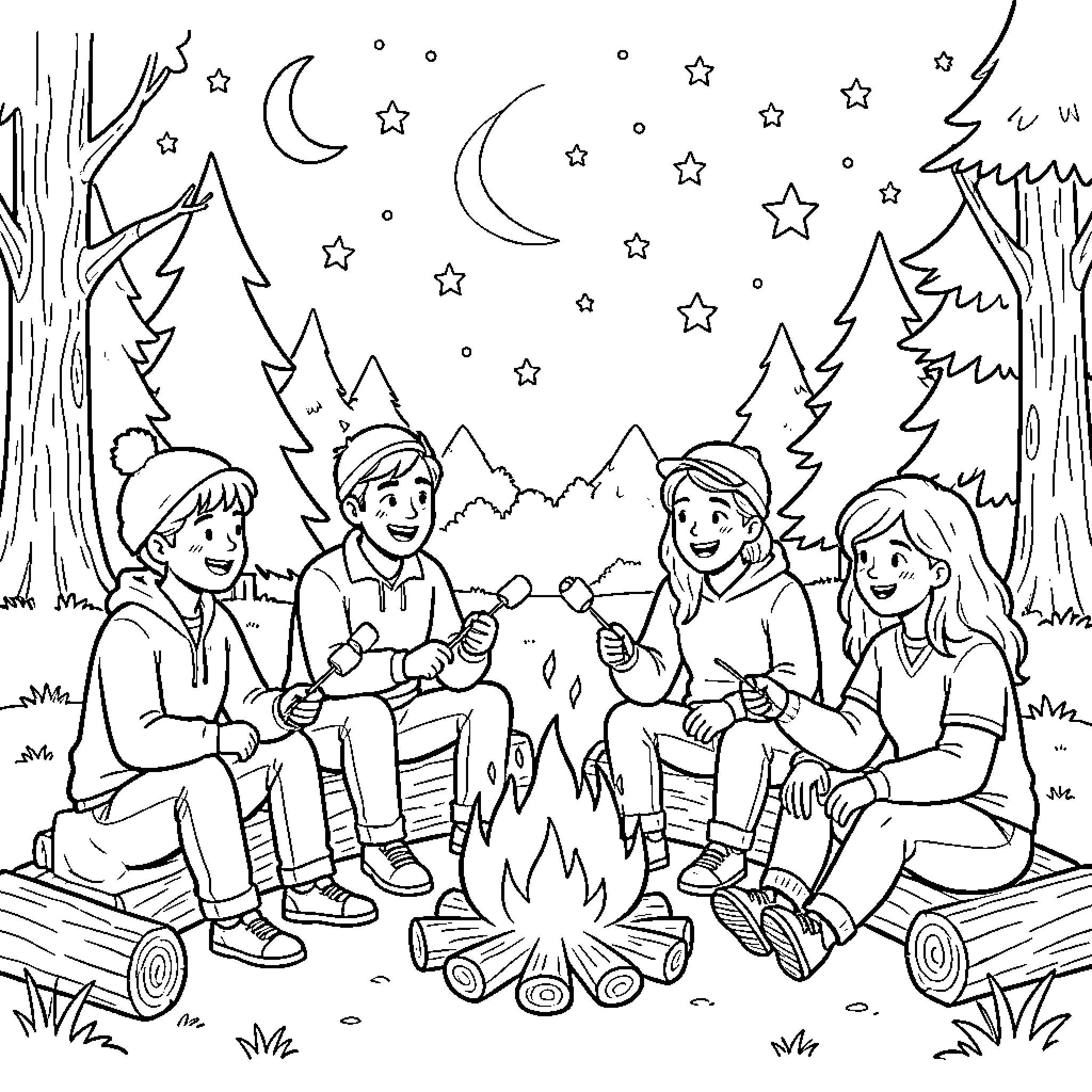 Camping group sitting around a cozy campfire Coloring Page (free black-and-white line drawing printable PDF for all, from beginners to advanced learners, including children, teens, adults, and seniors)