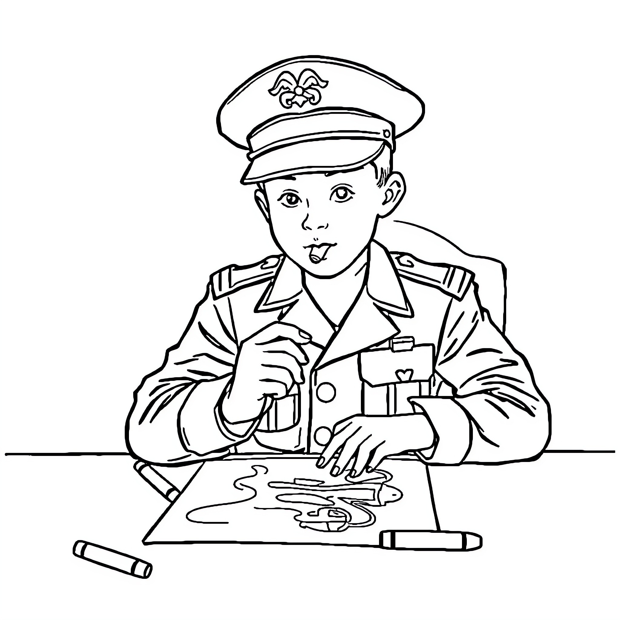 Marine Officer Sketching Tactical Plans Coloring Page (free black-and-white line drawing printable PDF for all, from beginners to advanced learners, including children, teens, adults, and seniors)