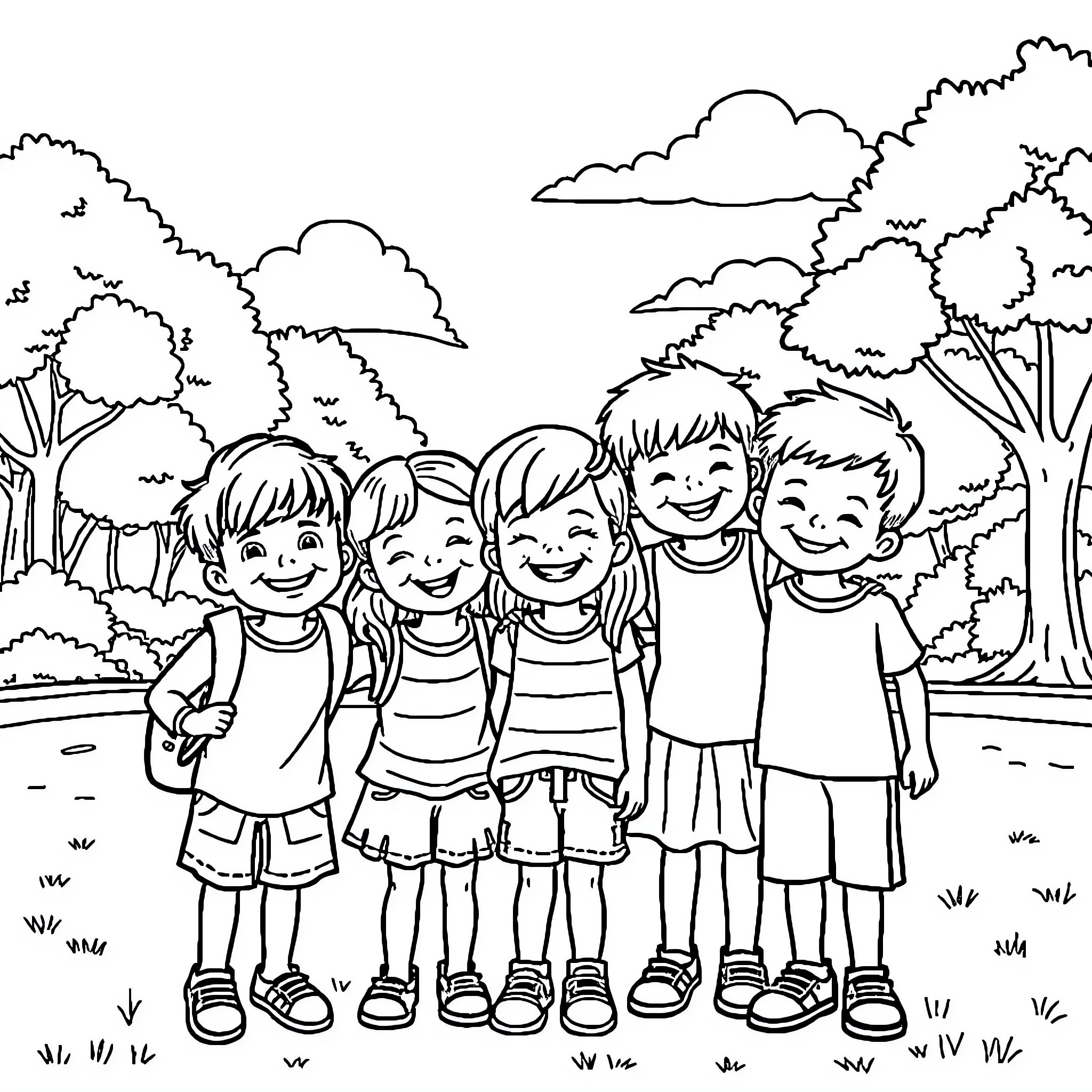 Kids enjoying a day outdoors in the park Coloring Page (free black-and-white line drawing printable PDF for all, from beginners to advanced learners, including children, teens, adults, and seniors)