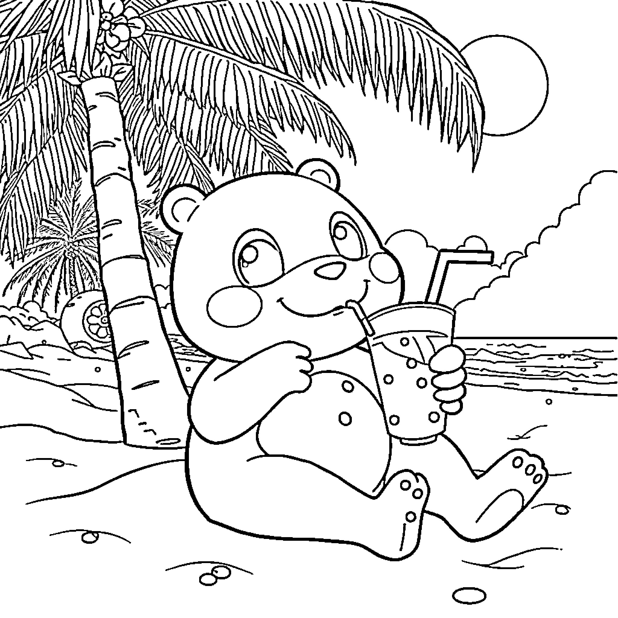 Labubu playing in the tropical beach paradise Coloring Page (free black-and-white line drawing printable PDF for all, from beginners to advanced learners, including children, teens, adults, and seniors)
