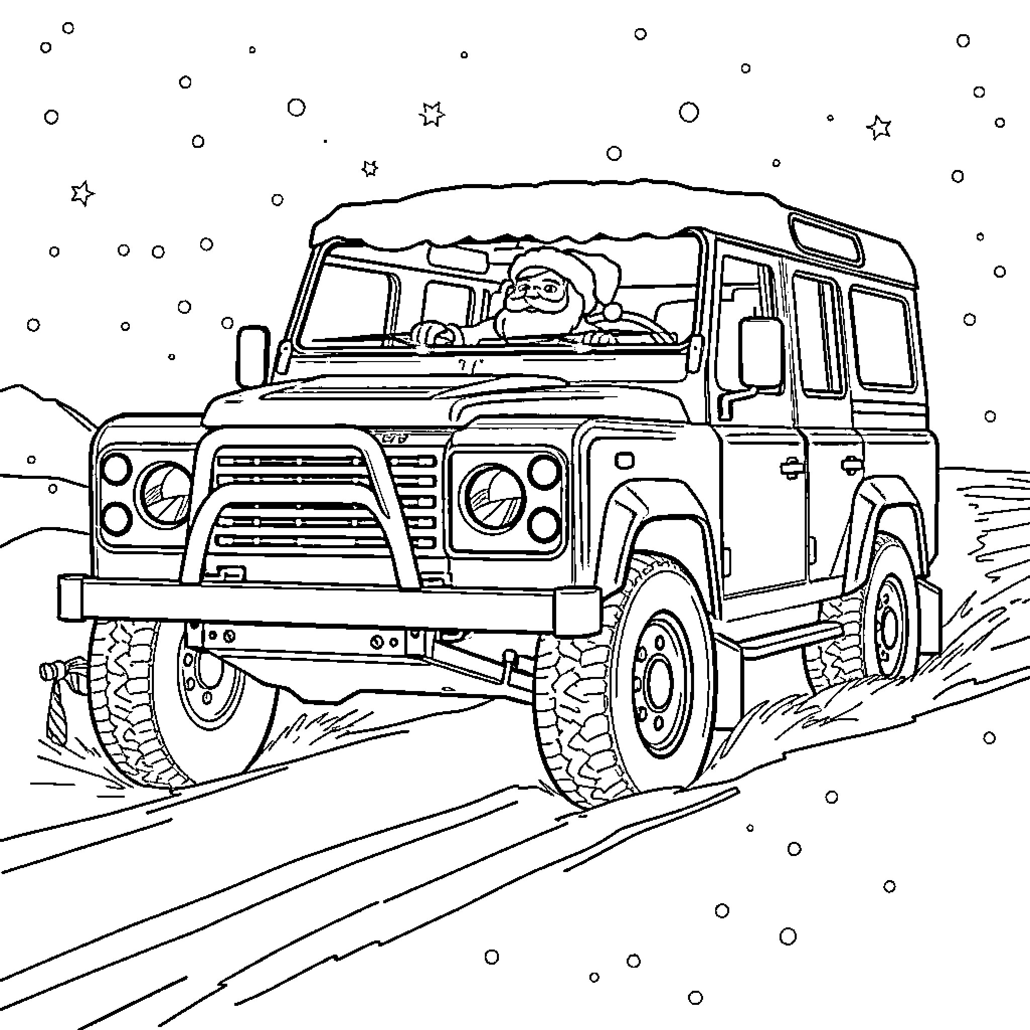 Père Noël driving off-road vehicle through snowy landscape Coloring Page (free black-and-white line drawing printable PDF for all, from beginners to advanced learners, including children, teens, adults, and seniors)