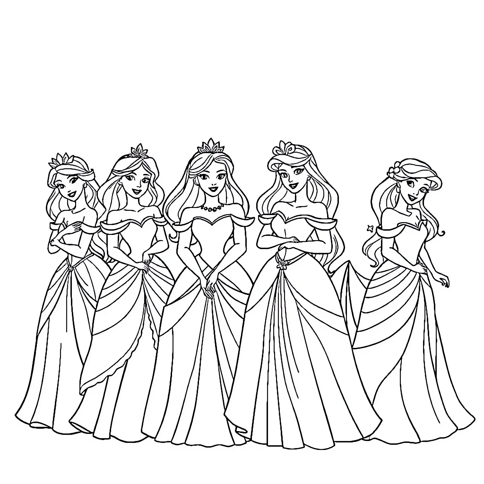 Disney Princesses in Elegant Dresses Coloring Page (free black-and-white line drawing printable PDF for all, from beginners to advanced learners, including children, teens, adults, and seniors)
