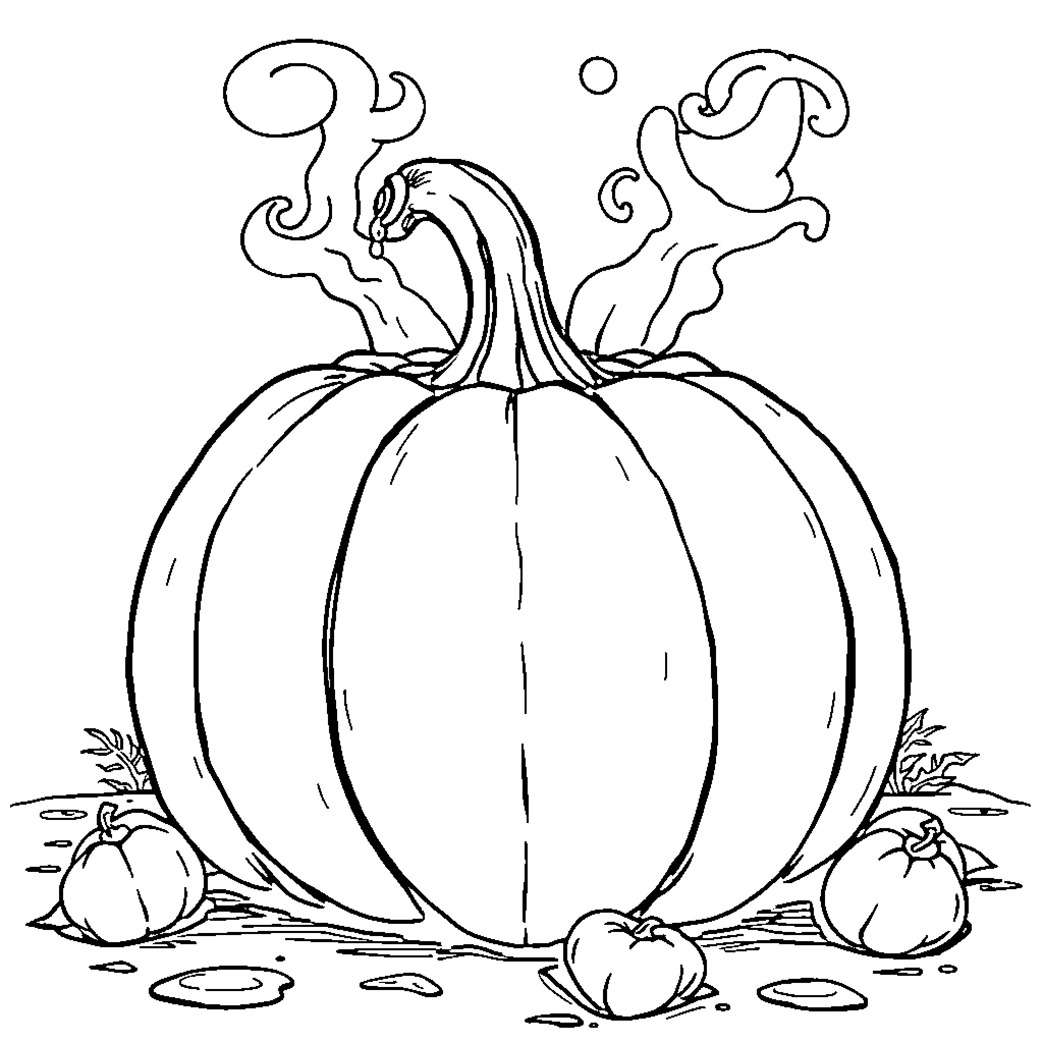 Pumpkin with Whimsical Shapes and Vegetables Coloring Page (free black-and-white line drawing printable PDF for all, from beginners to advanced learners, including children, teens, adults, and seniors)