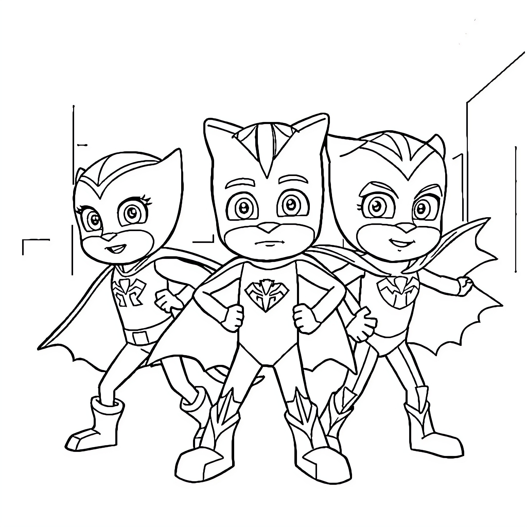 Pj Masks characters in heroic poses Coloring Page (free black-and-white line drawing printable PDF for all, from beginners to advanced learners, including children, teens, adults, and seniors)