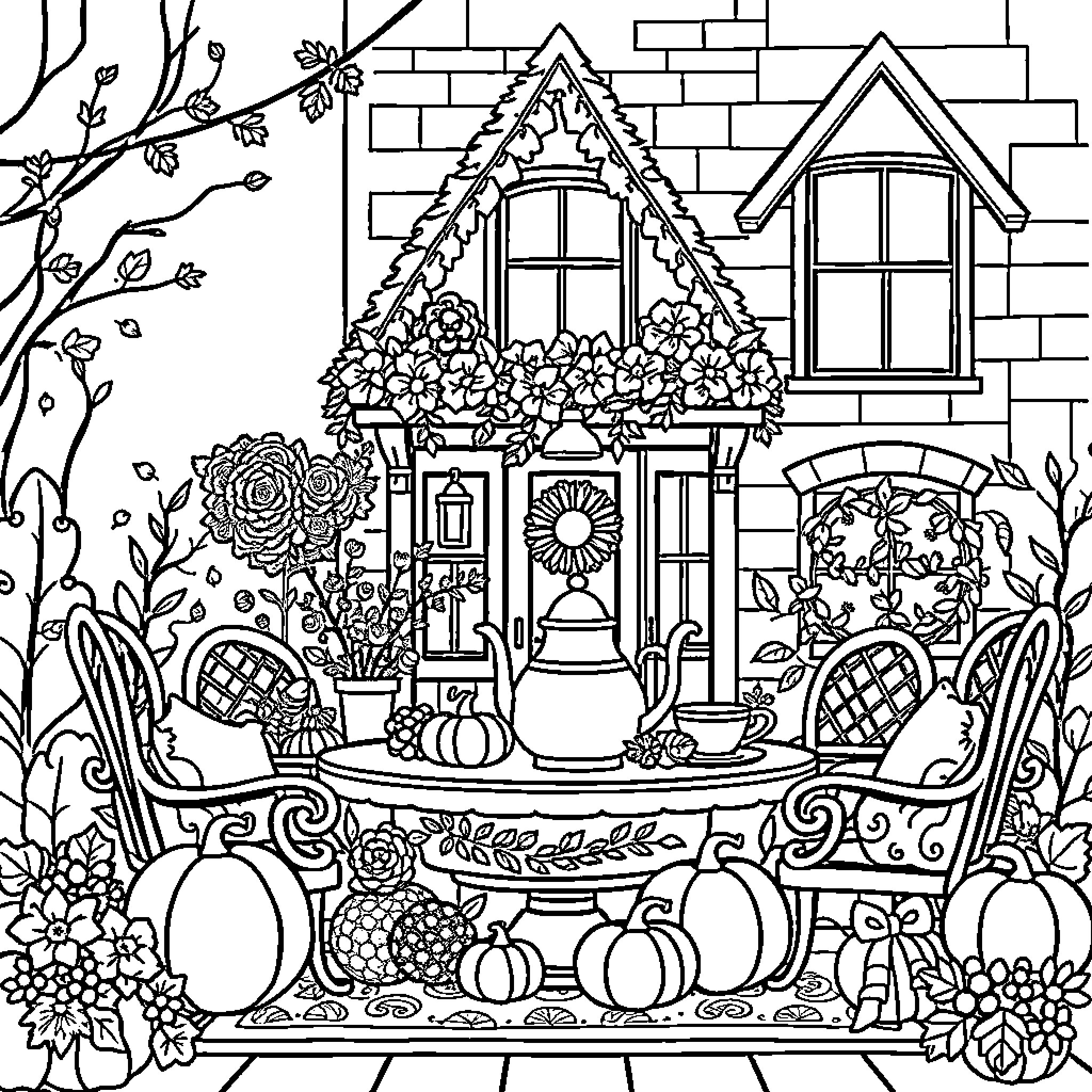 Townhouse Adorned with Autumn Decor Coloring Page (free black-and-white line drawing printable PDF for all, from beginners to advanced learners, including children, teens, adults, and seniors)