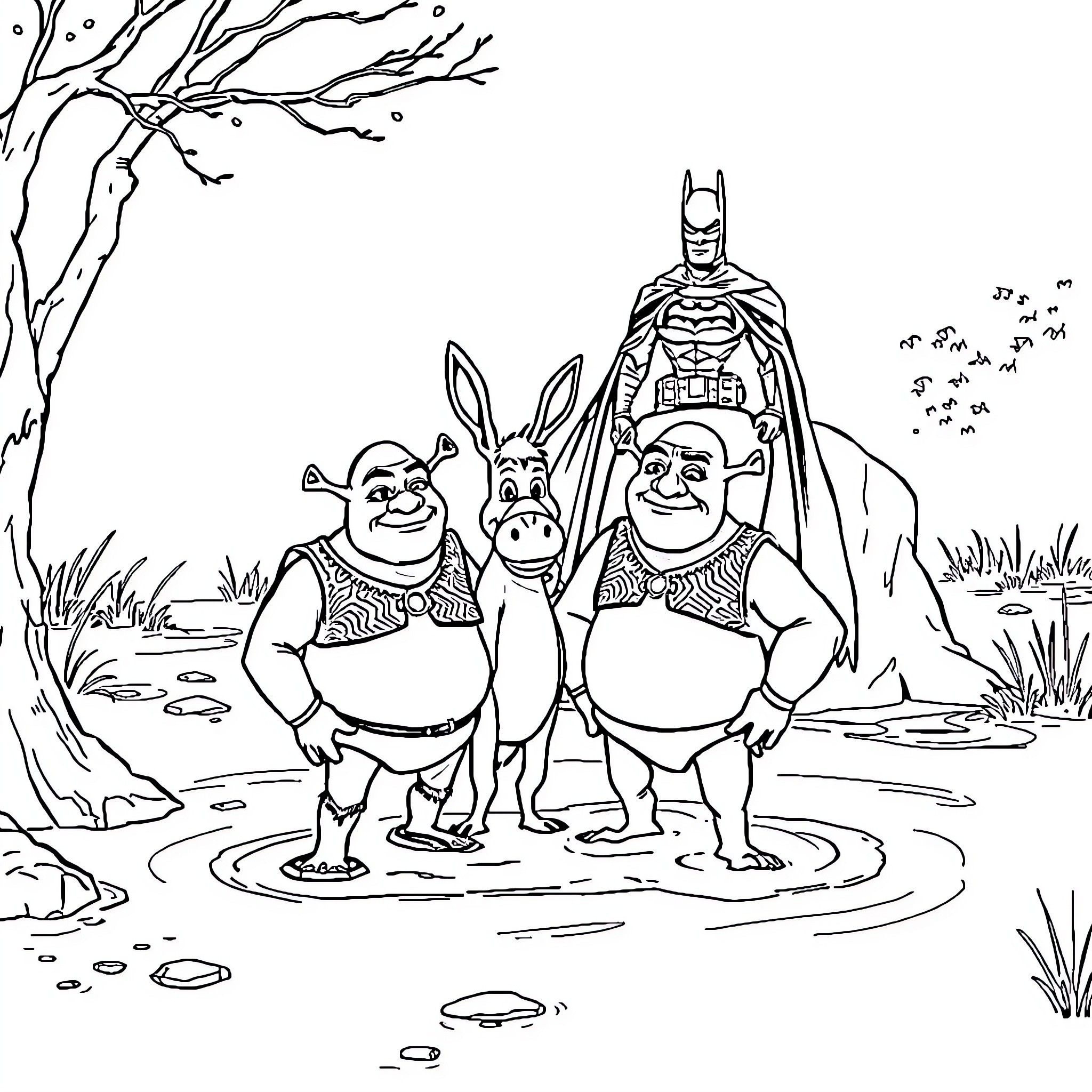 Shrek and friends encounter Batman in the forest Coloring Page (free black-and-white line drawing printable PDF for all, from beginners to advanced learners, including children, teens, adults, and seniors)
