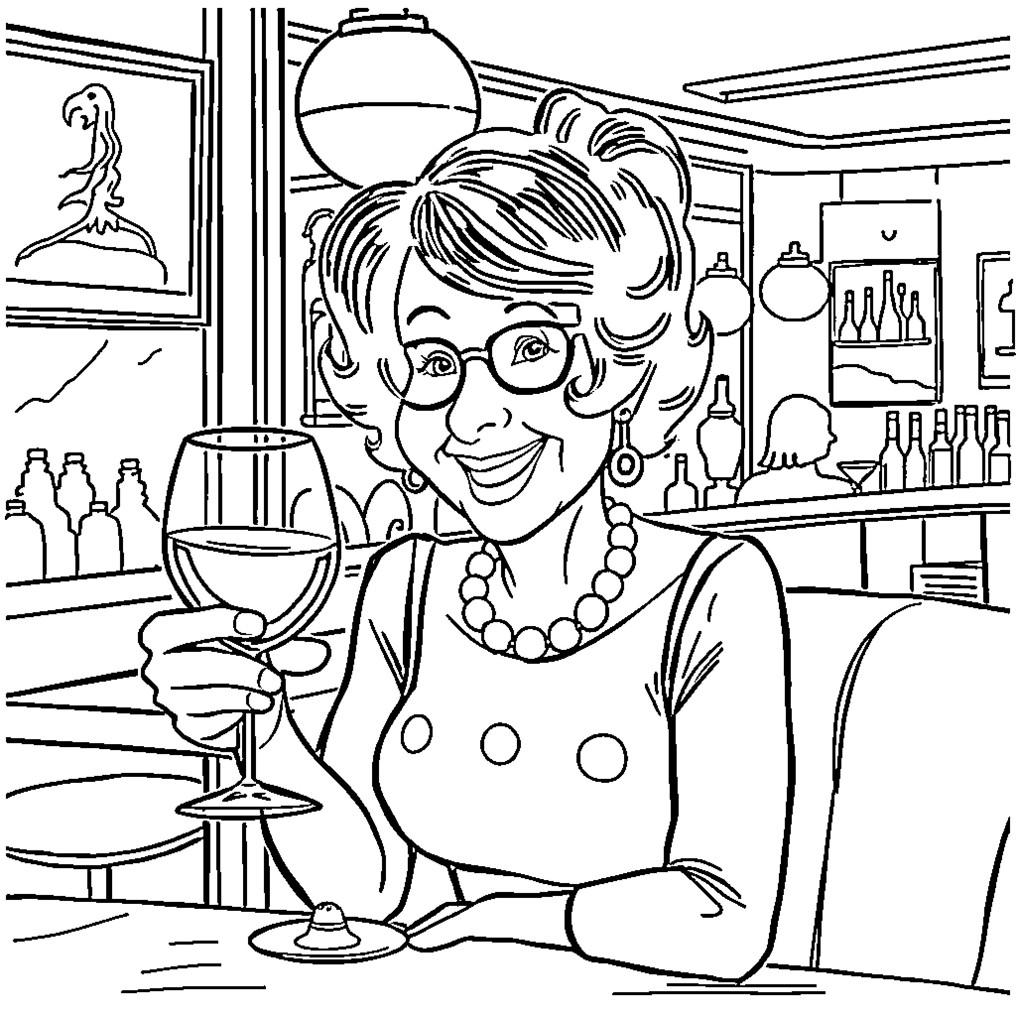 Linda Enjoying a Glass of Wine at the Bar Coloring Page (free black-and-white line drawing printable PDF for all, from beginners to advanced learners, including children, teens, adults, and seniors)