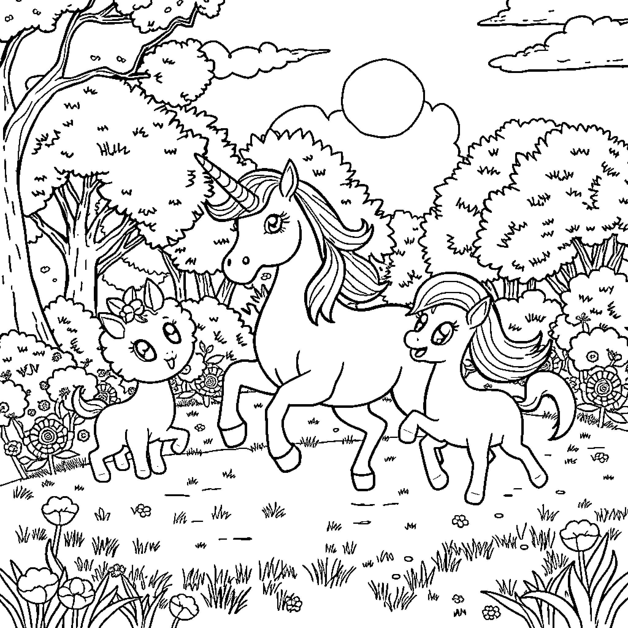 Unicorn family playing in enchanted forest Coloring Page (free black-and-white line drawing printable PDF for all, from beginners to advanced learners, including children, teens, adults, and seniors)