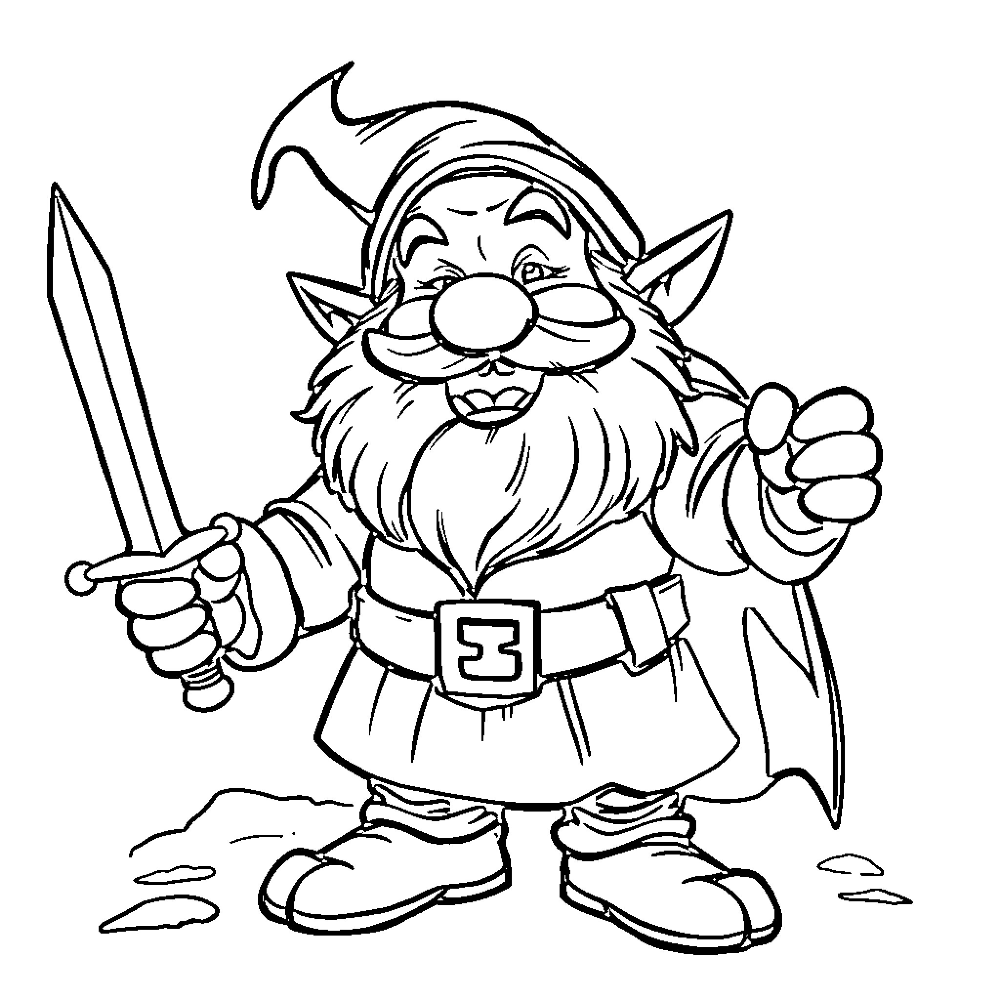 Dwarf adventurer with sword and confident expression Coloring Page (free black-and-white line drawing printable PDF for all, from beginners to advanced learners, including children, teens, adults, and seniors)